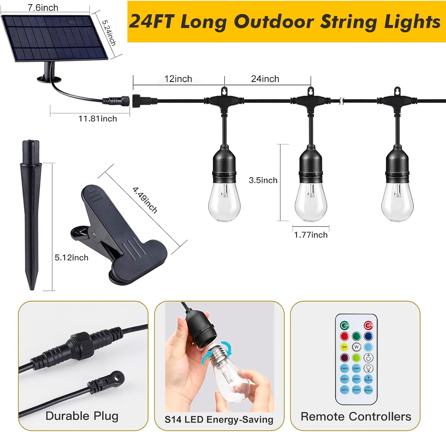 Auroraworld RGB Outdoor String Lights, 24FT Dimmable Patio String Lights for Patio