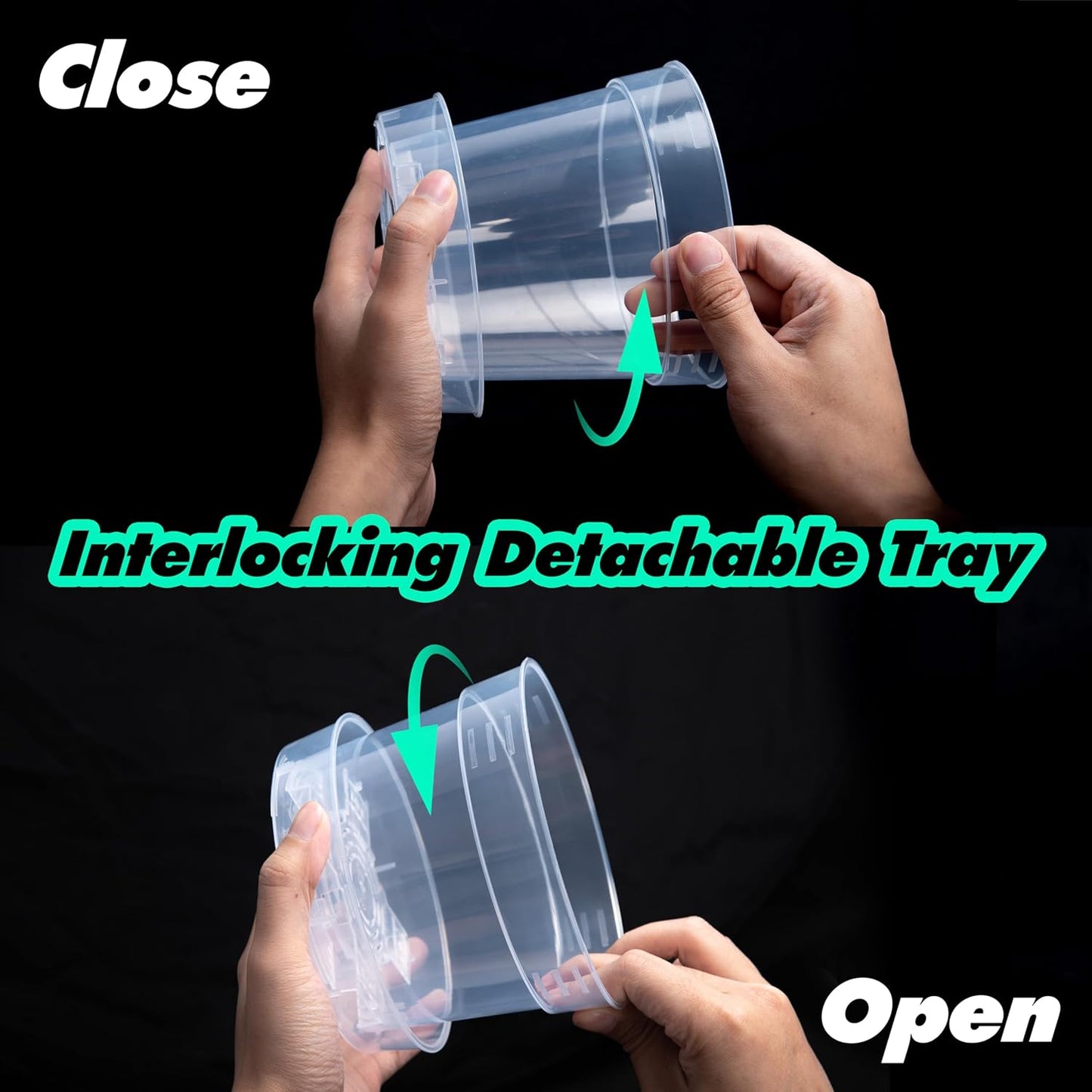 6 Inch Clear Plastic Plant Pot with Drainage Holes, Interlocking & Detachable Tray - Deep Saucer - Durable BPA-Free Plastic, Transparent Design, Raised Base for Airflow, Set of 6, 92-X-A-4