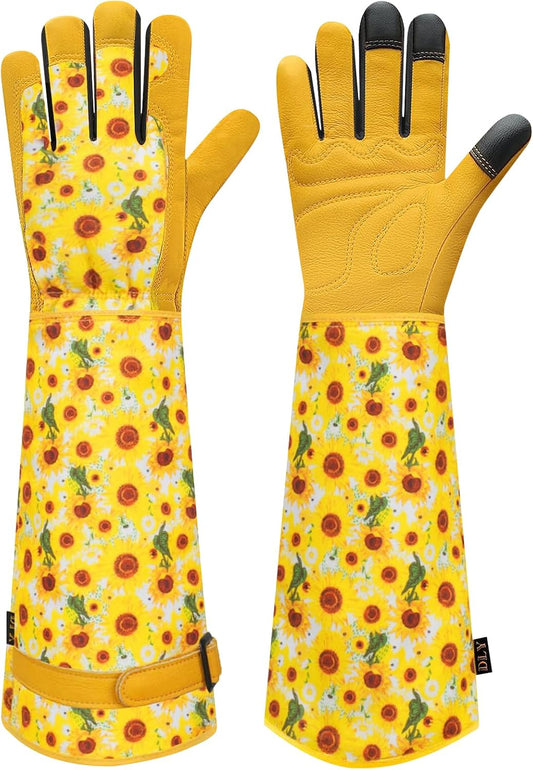 DLY Gardening Gloves for Women, Rose Gloves Gardening Thorn Proof, Long Garden Gloves for Women, Breathable Cowhide Leather Gauntlet (X-Large, Yellow