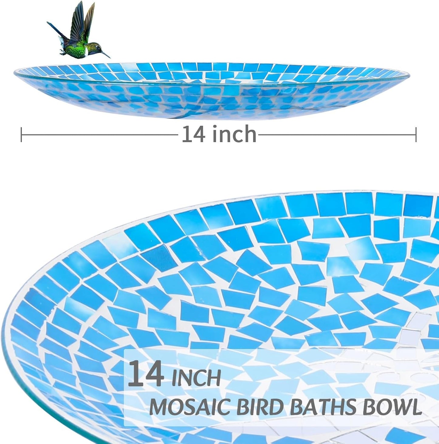 MUMTOP Mosaic Glass Bird Baths, 14 Inch Width Outdoor Garden Dragonfly Bird Bath Bowl with Metal Stand, Unique Glass Birdbaths Bird Feeder for Yard Decor, 19.68 Inch Height