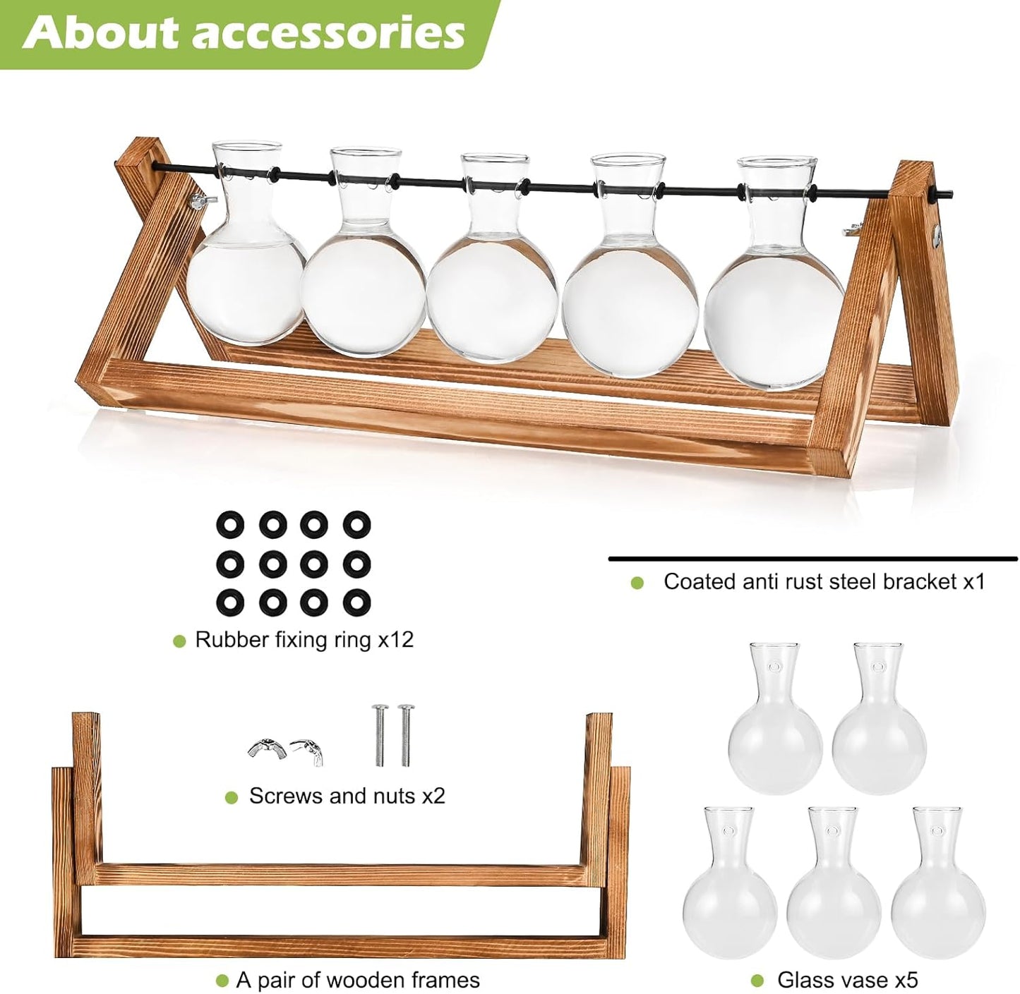 Retro Wood Stand Plant Terrarium with 5 Air Planter Bulb Glass Vases, Perfect for Home, Office, or Wedding Decor. Great Desktop Propagation Station and Plant Lover Gift for Women (5 Bulb Vase)