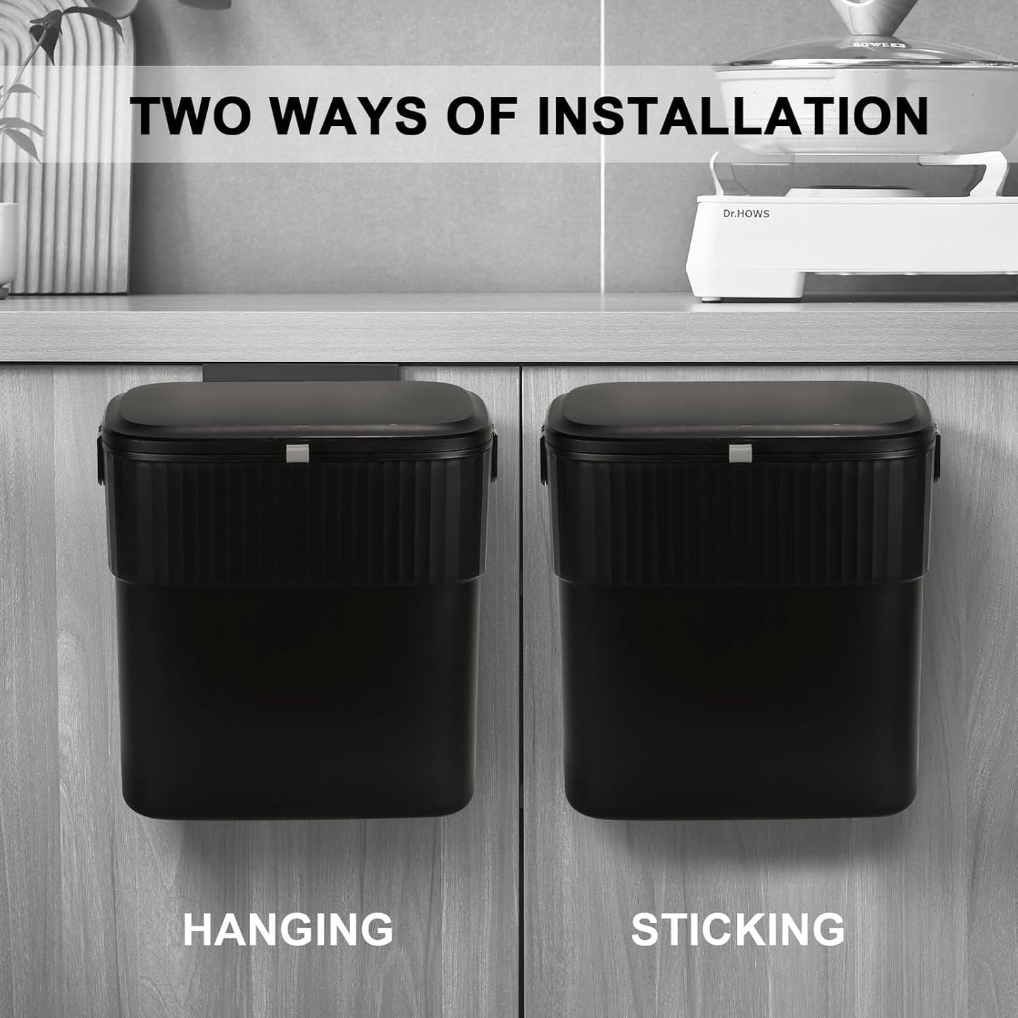 ELPHECO Hanging Trash Can with Lid 2.5 Gallon Kitchen Compost Bin for Under Sink, Plastic Wall-Mounted Garbage Can, Small Kitchen Trash Bin, Small Trash Can with Lid for Office, Bathroom, Black