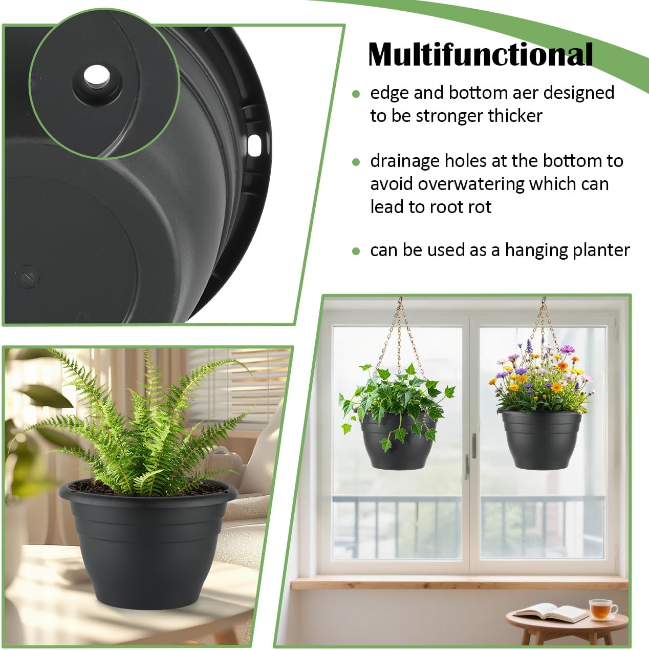 Plant Pots Set of 5, 10" Outside Diameter Flower Pots, 8.5" Inner Diameter Planters with Drainage Hole, Durable Perfect for Indoor & Outdoor Plant Planting, Decor, Black