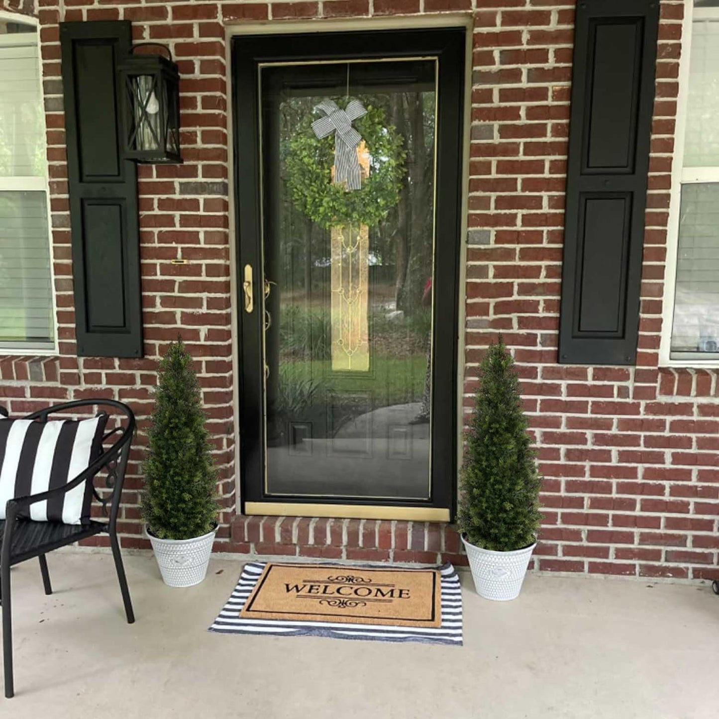 Aveyas 4ft Artificial Cedar Topiary Trees for Outdoor Front Porch Door, 4 Feet Faux Potted Plants Evergreen Fake Pine Cypress Tree for Outside Home Decor (4 ft Tall) - Set of 2 Pack