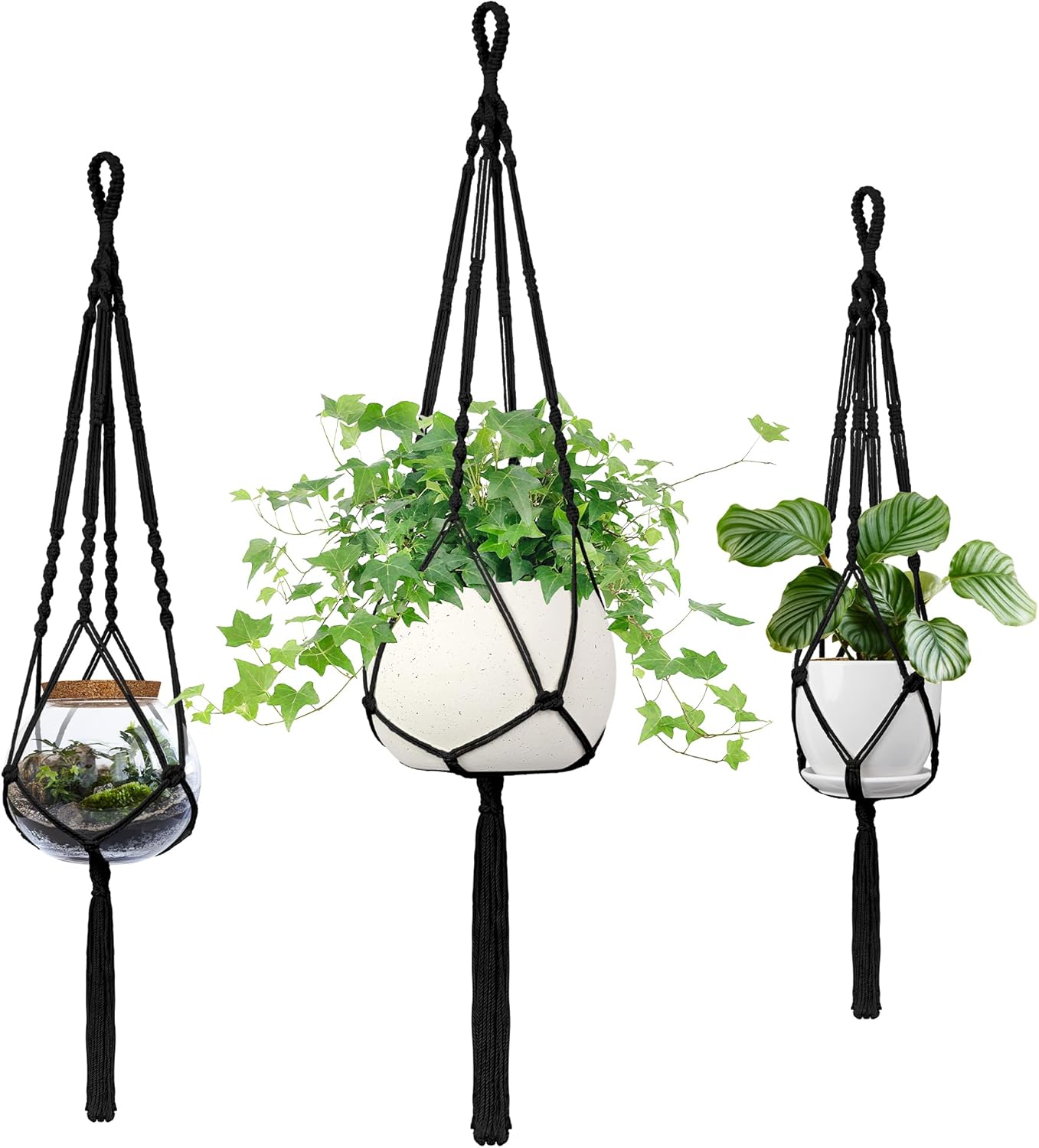 Macrame Plant Hanger, 34"/41"/46" 3 Sizes, Hanging Planters for Indoor Outdoor Plants, Flower Pot Holder with Wood Beads & Tassels for Boho Home Decor, 3 Pack, Black