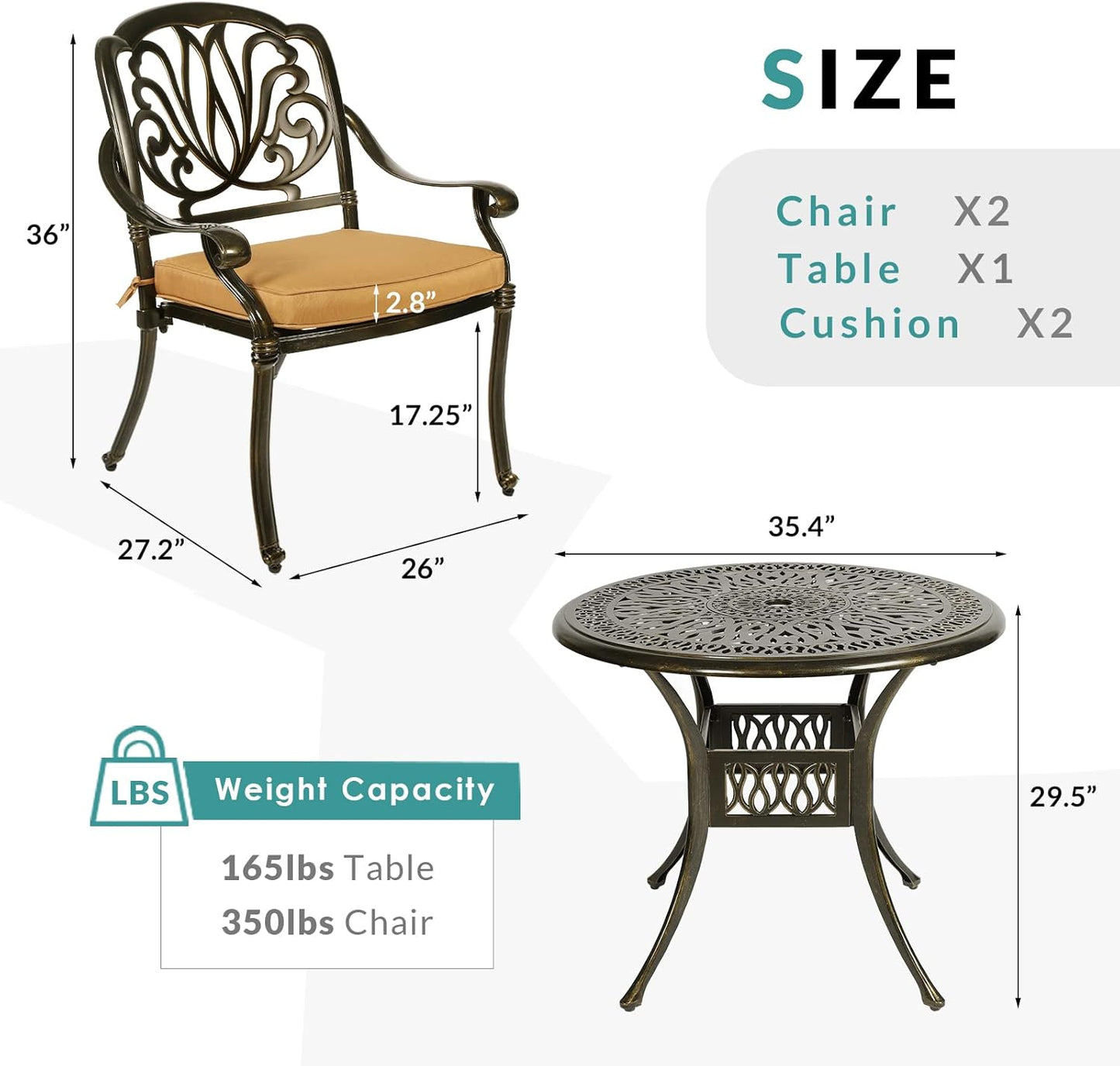 MEETWARM 3 Piece Patio Bistro Set, Outdoor All-Weather Cast Aluminum Dining Furniture Set Includes 2 Cushioned Chairs and a 35.4” Round Table with Umbrella Hole for Garden Deck