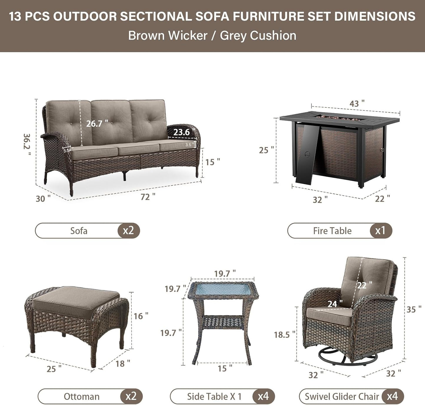Grand 13 Pieces Outdoor Patio Furniture Set with 4 Swivel Glider Chairs and 50000 BTU Propane Fire Pit Table, Patio Conversation Set with Sofa and Wicker Side Table for Big Garden Backyard