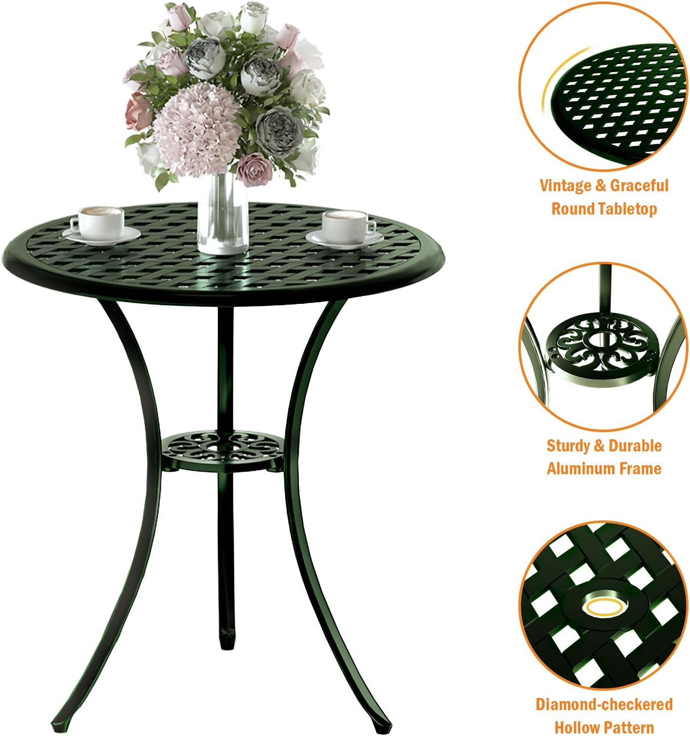 Patio Bistro Set 3 Piece, Cast Aluminum Bistro Set for 2 w/Umbrella Hole, Outdoor Table and Chairs Set of 2, Bistro Set for Balcony/Backyard/Garden, Green