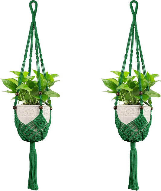 USLAI Macrame Handmade Basket Plant Hanger (2-Pack), for 3-8 Inch Pots, Indoor Outdoor Strong Hanging Planter Flower Pot Holder with Beads and Tassels, Boho Home Decor (POTS NOT Included) (Green)