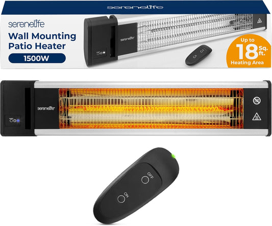 SereneLife Infrared Patio Heater, Wall-Mounted Electric Heater with Remote, 1500W, IP65 Approved, Odorless, Indoor/Outdoor for Patio, Restaurant, Backyard, Garage, Decks