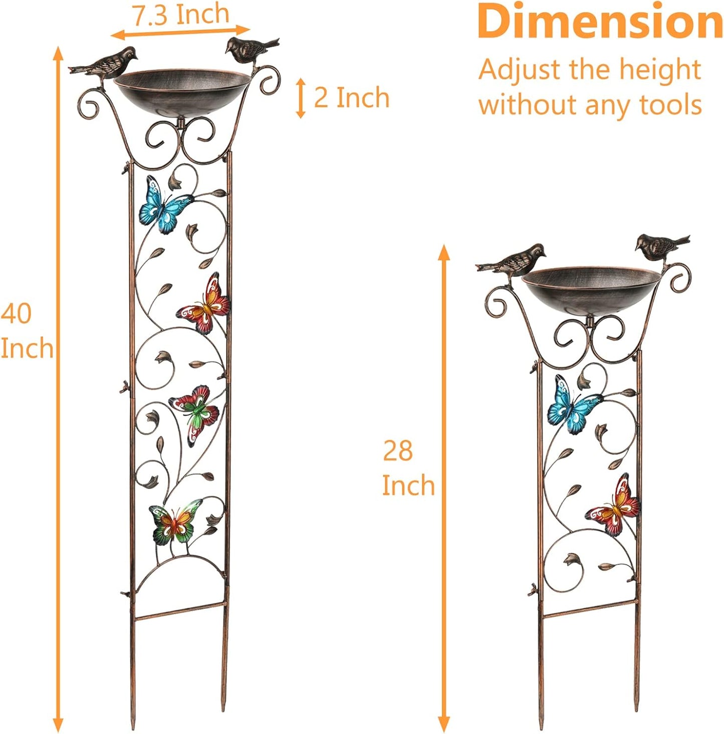 SUNNYPARK Bird Bath with Trellis Outdoor, Antique Garden Iron Trellis with Decorative Butterflies Detachable Bird Bowl Metal Potted Plants Support for Climbing Flowers