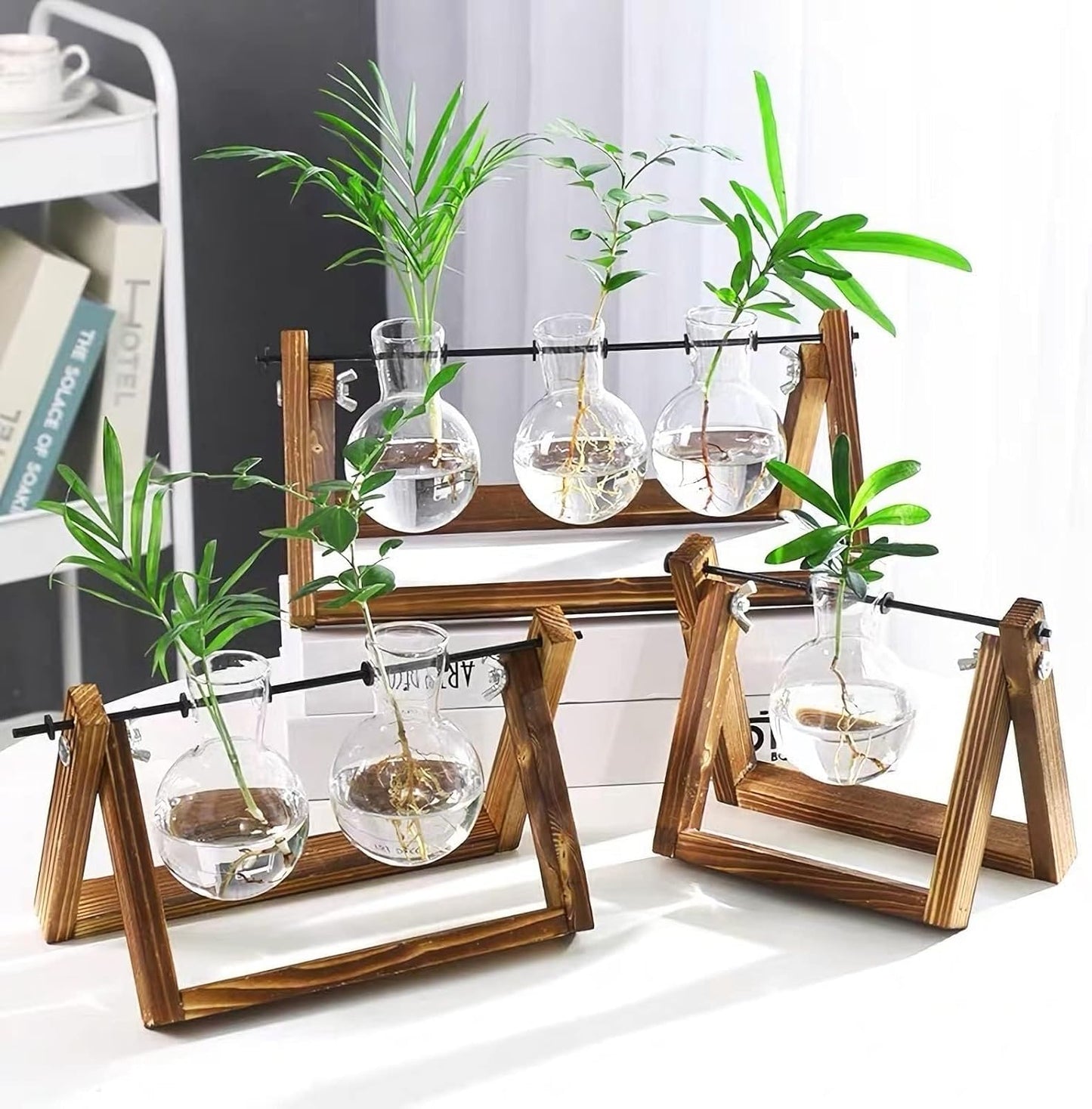 Kingbuy Plant Terrarium Propagation Station - 3 Glass Bulb Vases with Retro Wooden Stand Boho Desktop Planter for Hydroponics Home Garden Indoor Home Office Decor Unique Gifts for Women & Plant Lovers