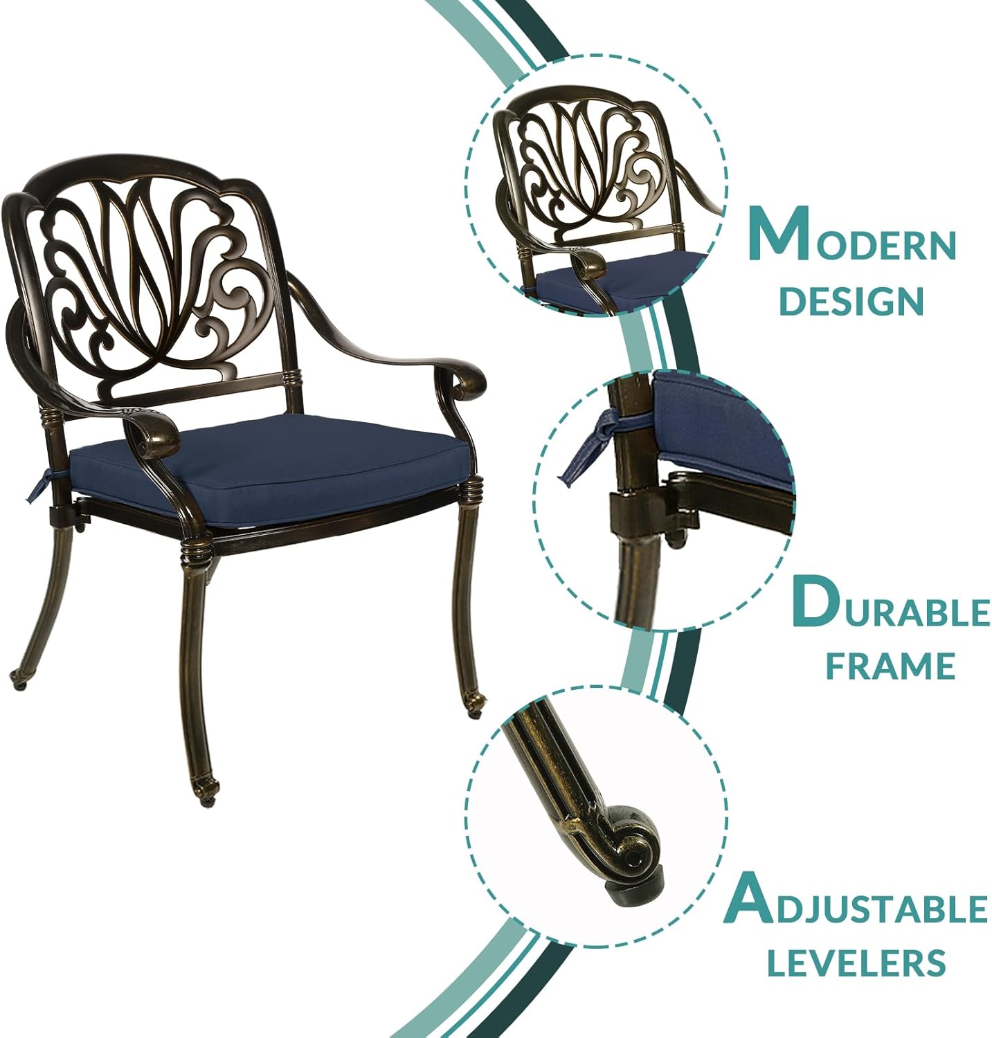 MEETWARM 3 Piece Patio Bistro Set, Outdoor All-Weather Cast Aluminum Dining Furniture Set Includes 2 Cushioned Chairs and a 31” Round Table with Umbrella Hole for Garden Deck, Navy Blue