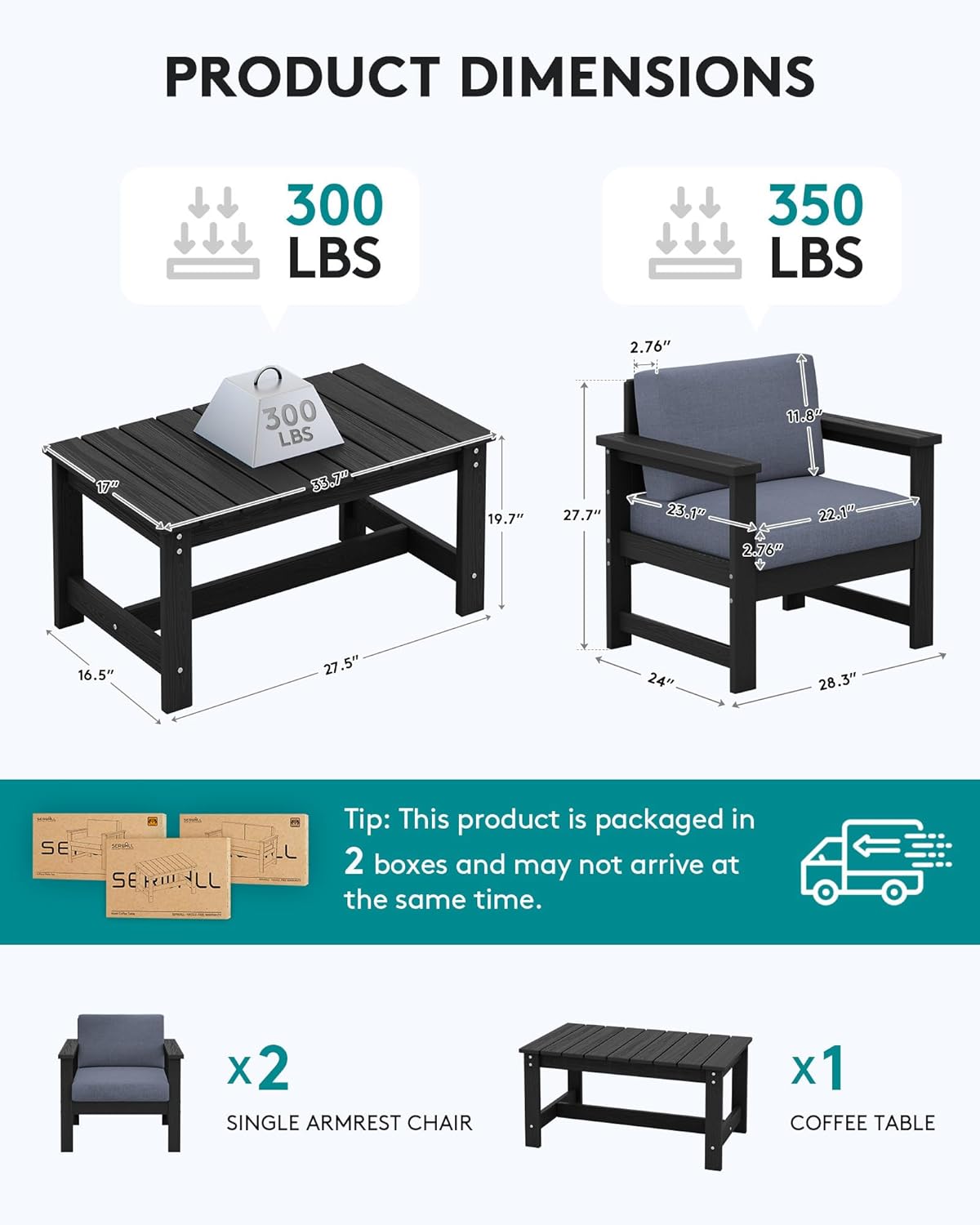 SERWALL 3 Pieces HDPE Outdoor Sofa Bistro Set with Cushions, Outdoor Furniture Sofa Sets with Coffee Table and Cushions, All Weather Conversation Social Set, Black Frame and Grey Cushion