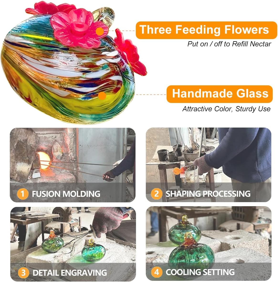 Small Glass Hummingbird Feeders for Outdoors Hanging - Hand Blown Glass Ball Nectar Feeding + Rain Cover, Multi Color with 3 Flowers Feeding Ports, Decor for Garden/Backyard Outside