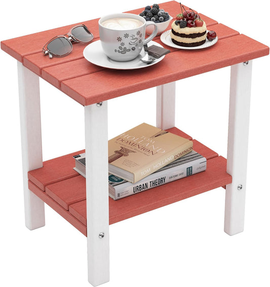 Outdoor Side Table, End Table for Adirondack Chair, 18" Patio Table for Porch, Yard, Weather Resistant (Red & White)