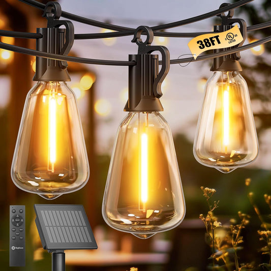 Brightown Solar String Lights Outdoor - 38FT Patio With Remote, 16 Shatterproof LED Bulbs, 3 Light Modes, Waterproof Hanging Solar for Outside Backyard Party Decor