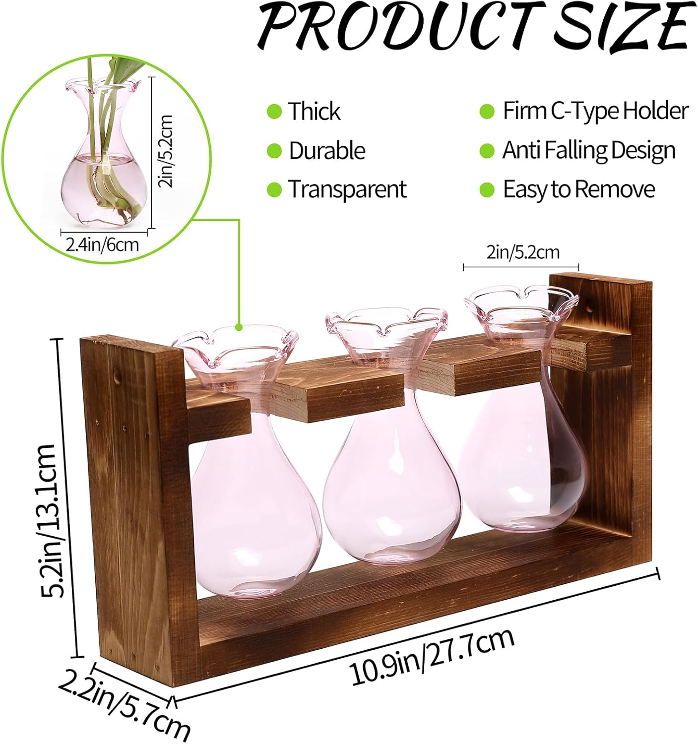 Plant Propagation Station Plant Terrarium Unique Birthday Gifts for Women Plant Lovers Home Office Decor Planter with Wooden Stand - 3 Bulb Glass Vase