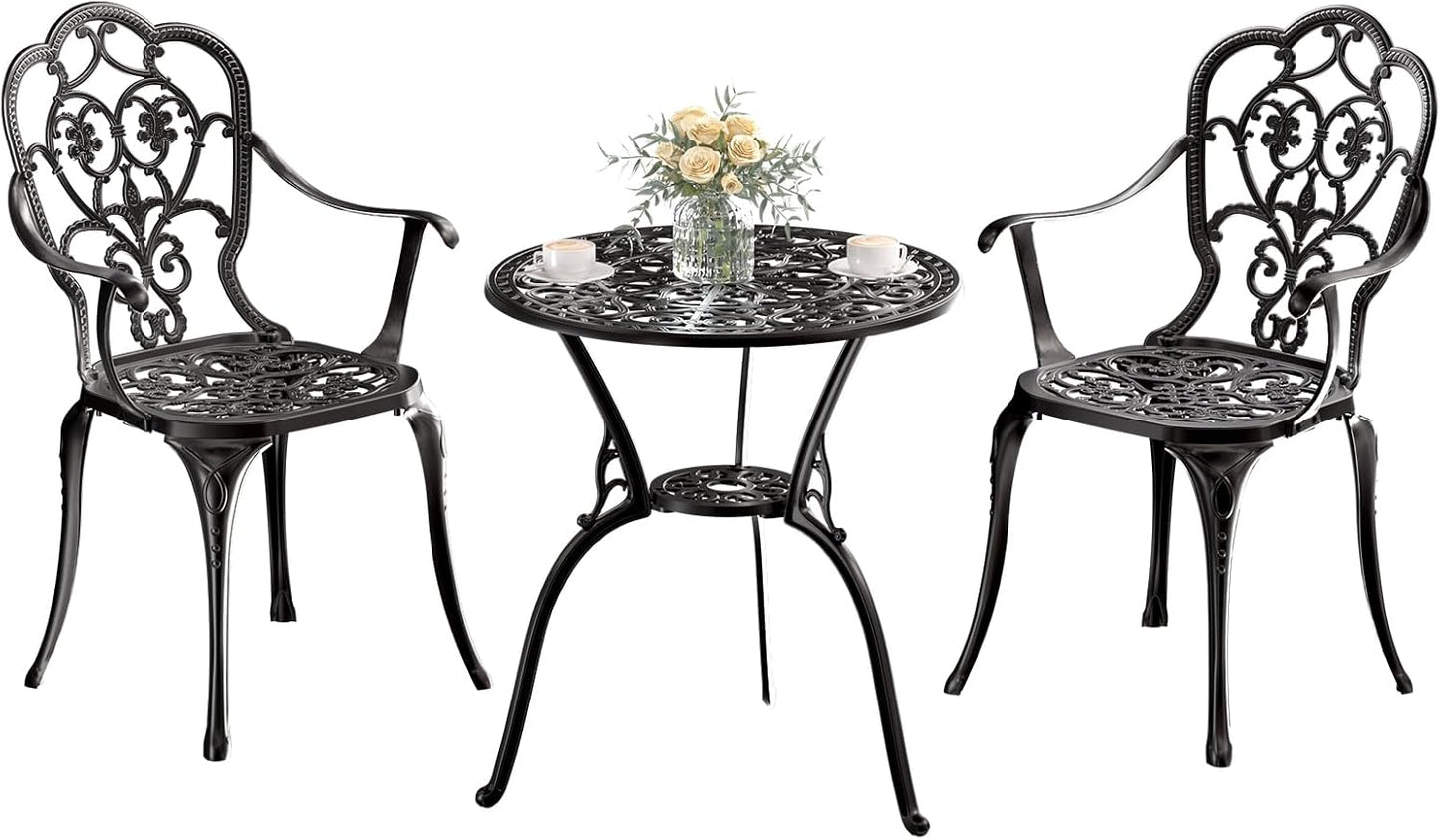 Patio Bistro Set of 2, Cast Aluminum, Outdoor Set w/Umbrella Hole, 3 Piece Table and Chairs Set, Bistro Set for Backyard/Garden/Lawn, Black