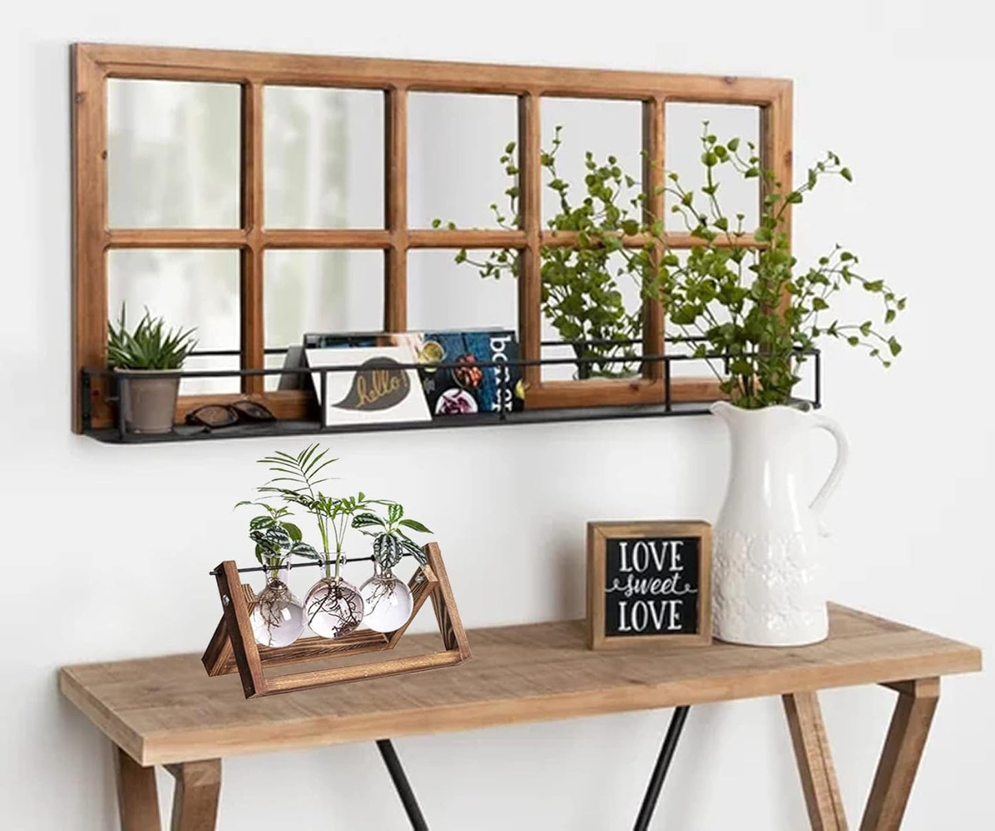 Kingbuy Plant Terrarium Propagation Station - 3 Glass Bulb Vases with Retro Wooden Stand Boho Desktop Planter for Hydroponics Home Garden Indoor Home Office Decor Unique Gifts for Women & Plant Lovers