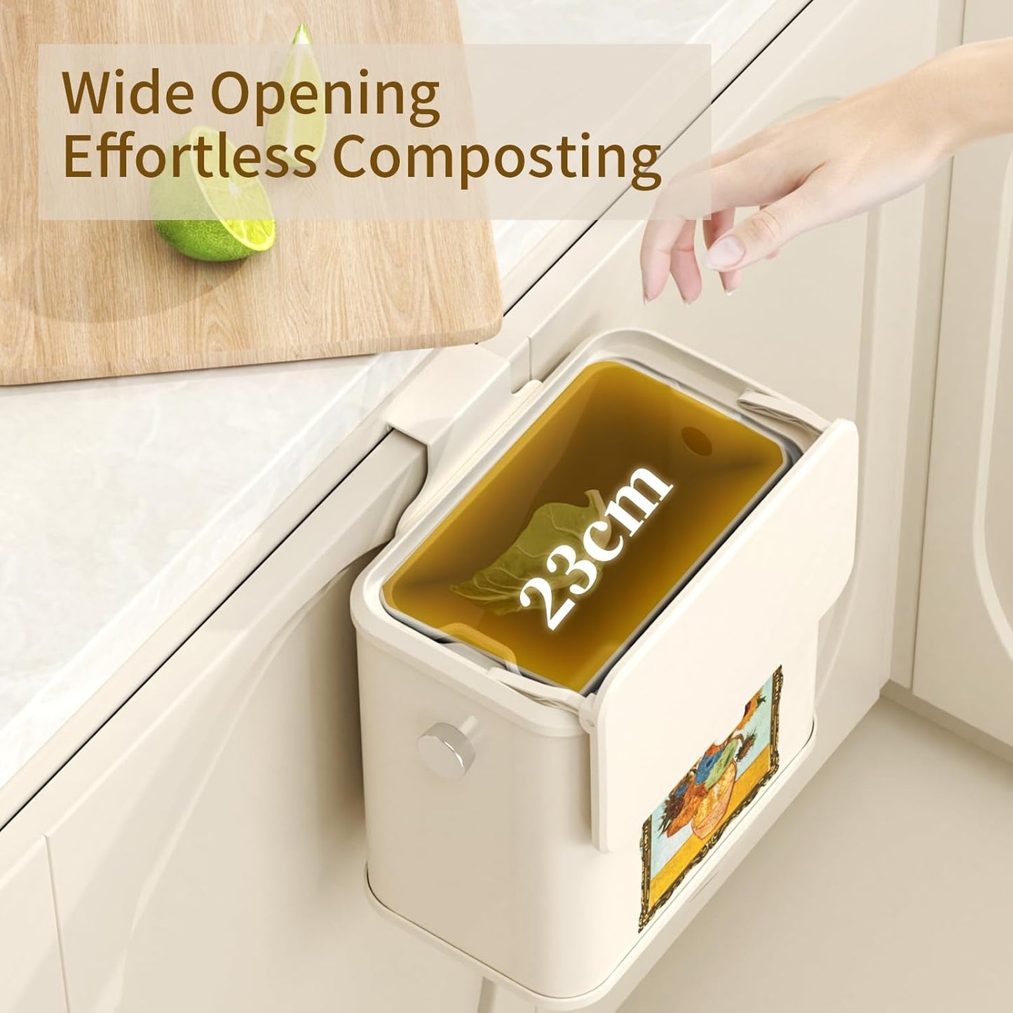 Mrbin Metal Compost Bin Countertop with Lid, Hanging Trash Can for Kitchen Cabinet Door, Wall Mounted Indoor Recycle Basket Food Waste Scrap Dustbin for Kitchen Under Sink with Inner Bucket, Sunflower