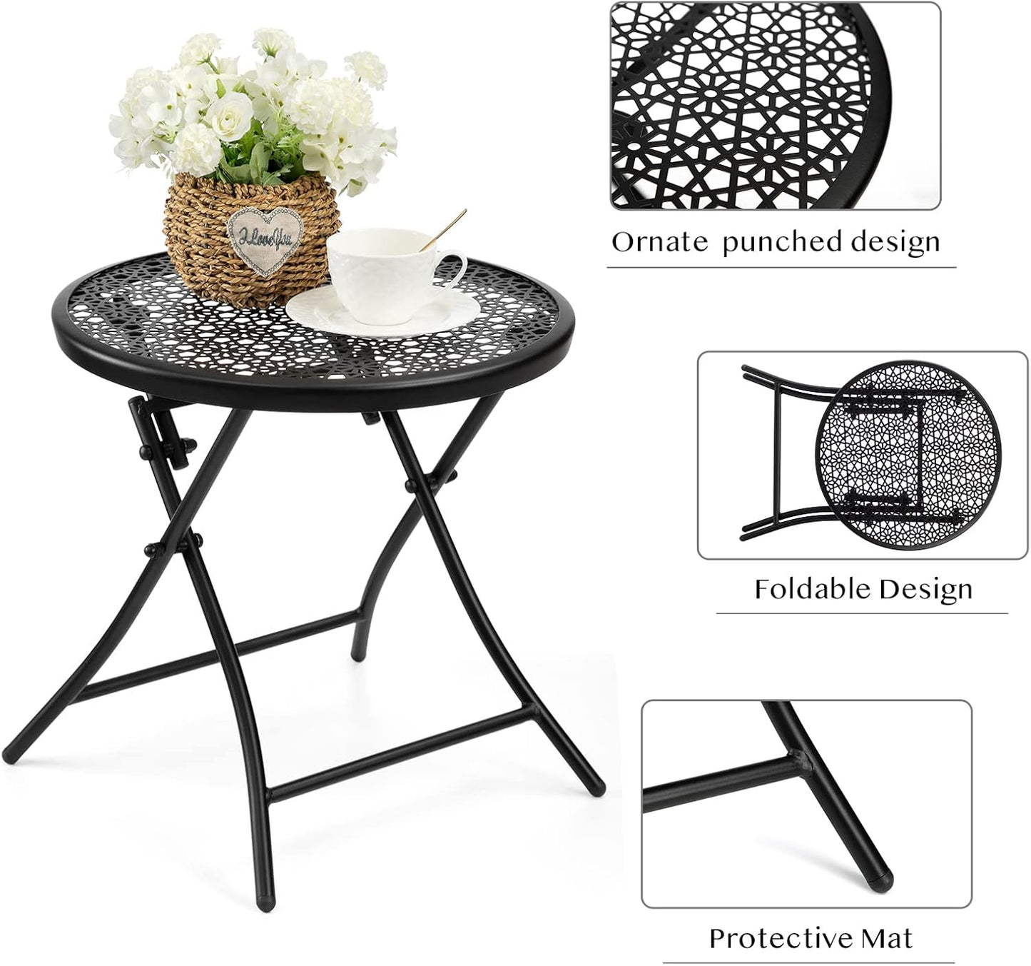 TeoKJ Folding Outdoor Side Tables, Anti Rust Small Patio Table Round Metal Nightstand with Flower Cutouts for Porch Yard Balcony Deck Lawn, Black