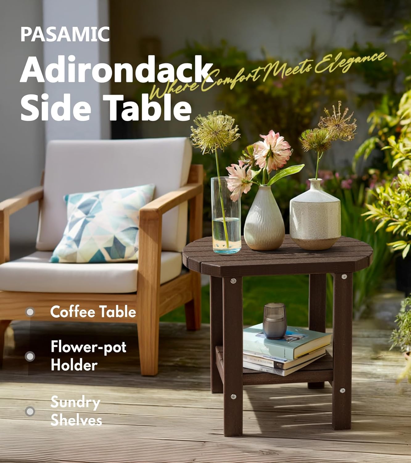 PASAMIC Outdoor Side Table, HDPE Adirondack Oval Side Table with 2-Tier Storage, Weather Resistant Outdoor End Table for Patio, Backyard, Pool, Indoor Companion, Beach, Easy Maintenance Table (Brown)