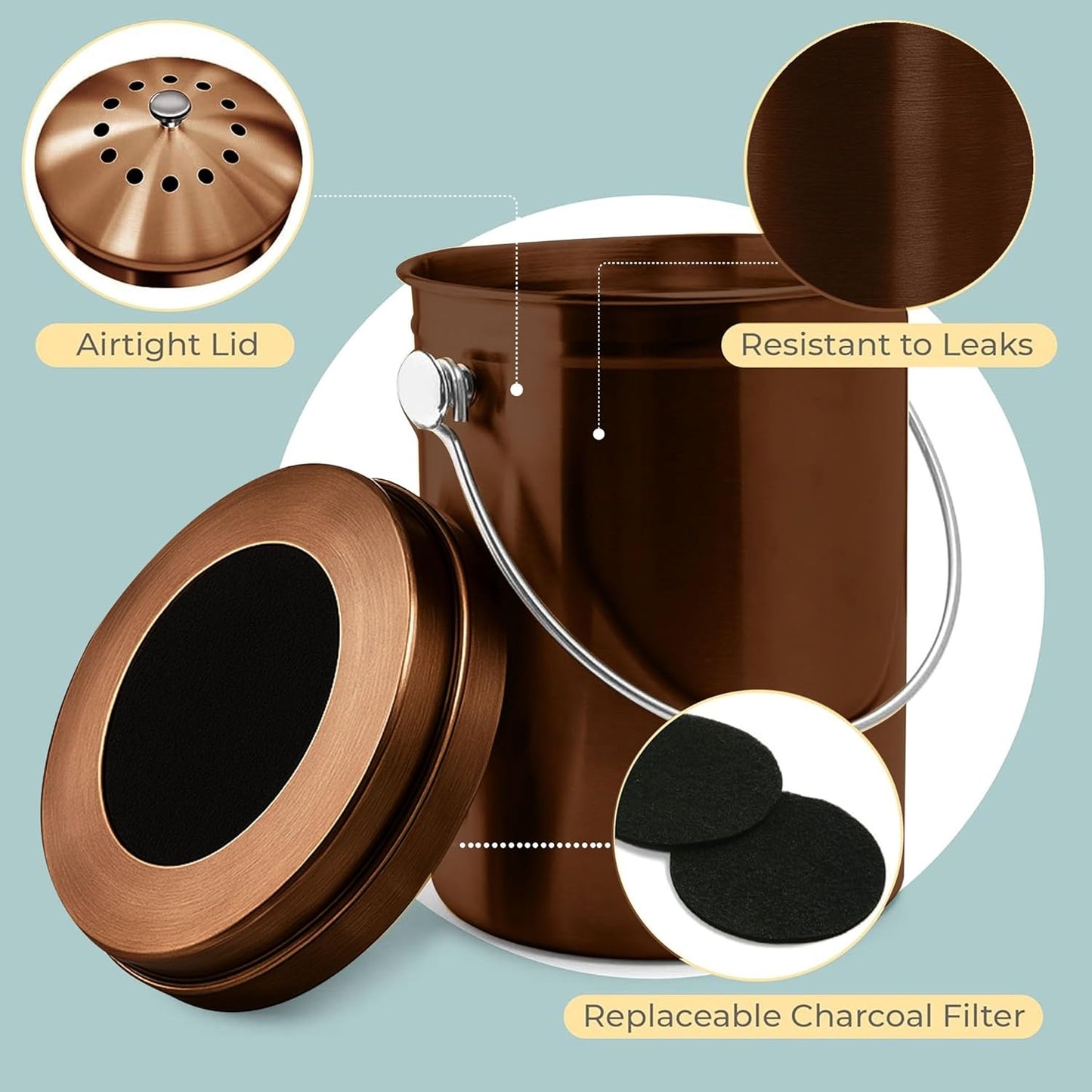 EPICA Countertop Compost Bin Kitchen | 1.3 Gallon | Odorless Composting Bin with Carbon Filters | Indoor Compost Bin with Lid | Stainless Steel Kitchen Composter for Food Scraps & Waste Recycling
