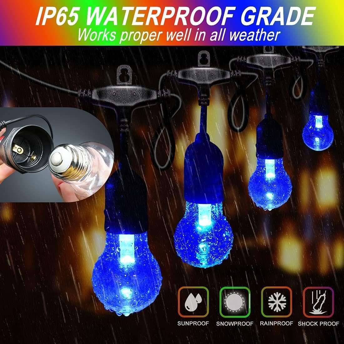 Auroraworld Outdoor String Lights RGB, 105FT LED Color Changing Patio Lights with Shatterproof Bulbs for Backyard