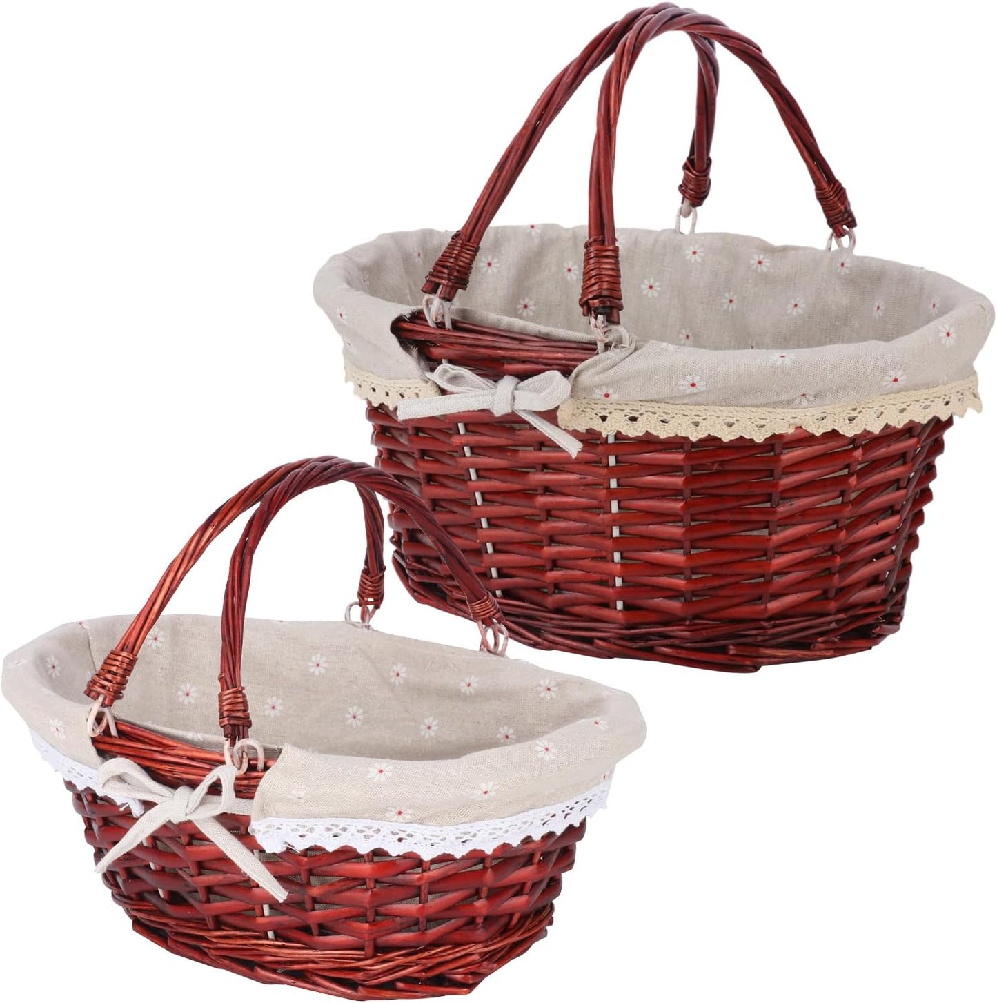 2 Pack Brown Wicker Basket with Linen Lining, 14 & 12 Inch Wicker Woven Picnic Basket with Handle for Picnic, Camping, Outdoor Party
