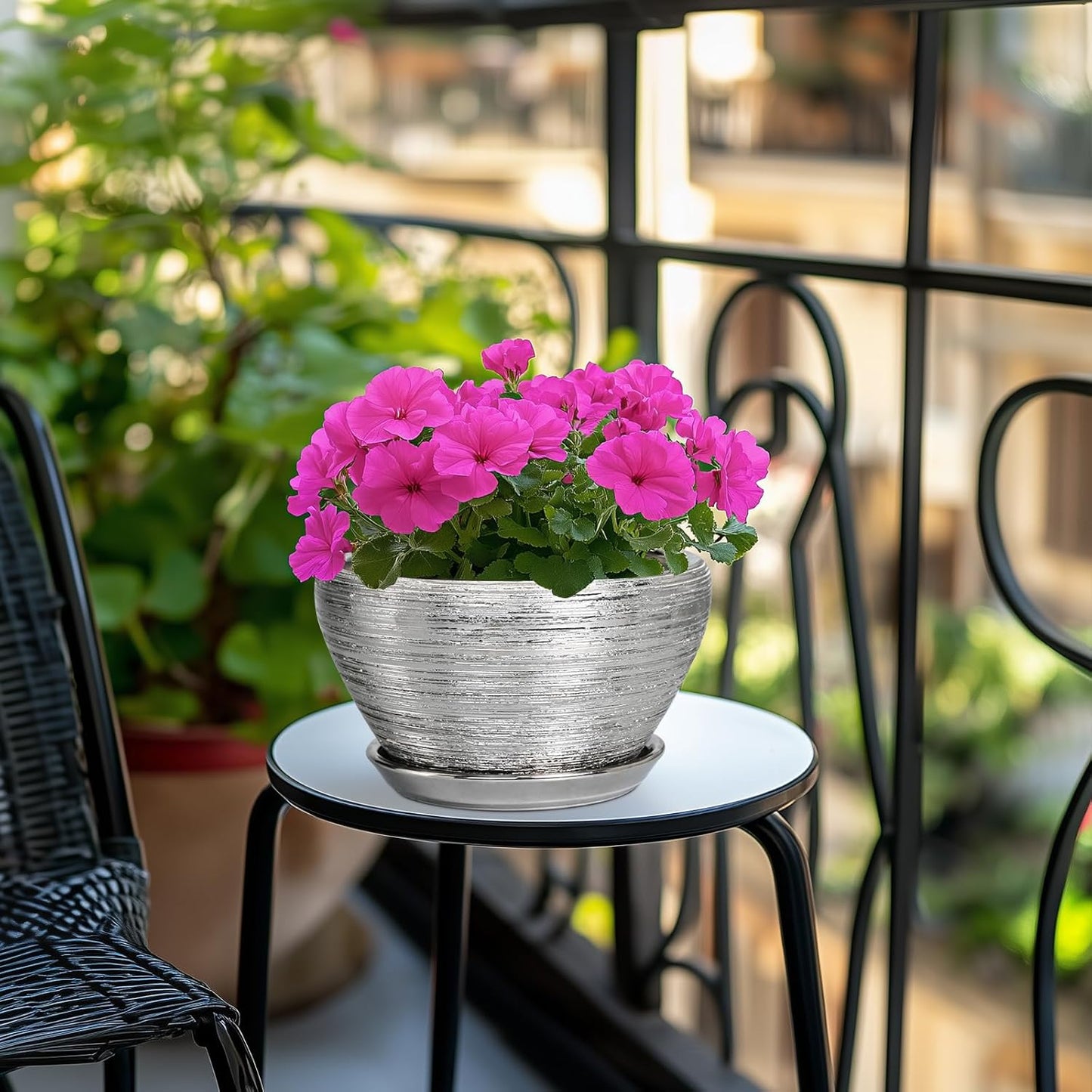 Pot for Plants 9 Inch - Ceramic Plant Pot Indoor with Drainage Hole and Saucer Round Planter for Indoor Plants Modern Decorative Flower Pot for Home Decor Silver