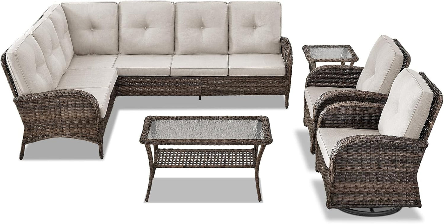 Outdoor Furniture Set - 6 Pieces Patio Conversation Sectional Sofa Set with Swivel Rocker Outdoor Chairs Set of 2 and Wicker Coffee Table for Deck Backyard Sunroom Brown