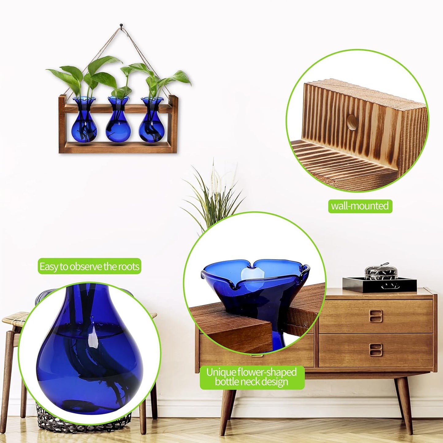 Plant Propagation Station Plant Terrarium Unique Birthday Gifts for Women Plant Lovers Home Office Decor Planter with Wooden Stand - 3 Bulb Glass Vase