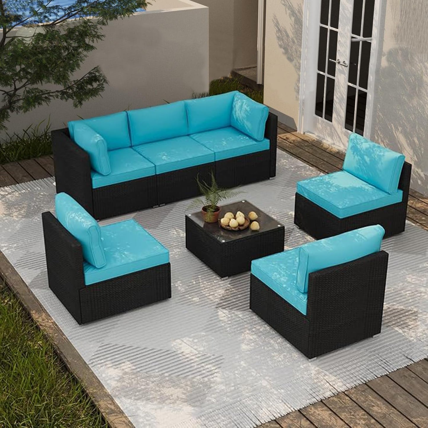 7 Piece Patio Furniture Set, Outdoor Couch Set—All-Weather Outdoor Furniture Sectional w Water Resistant Thick Cushions, Patio Sofa Set w 2 Extra Pillows and Coffee Table, Turquoise/Black