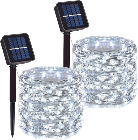2 Pack Total 200 LED 66FT Solar Powered Copper Wire String Lights Outdoor, Waterproof, 8 Modes Fairy Lights for Garden, Patio, Party, Yard, Christmas (White)