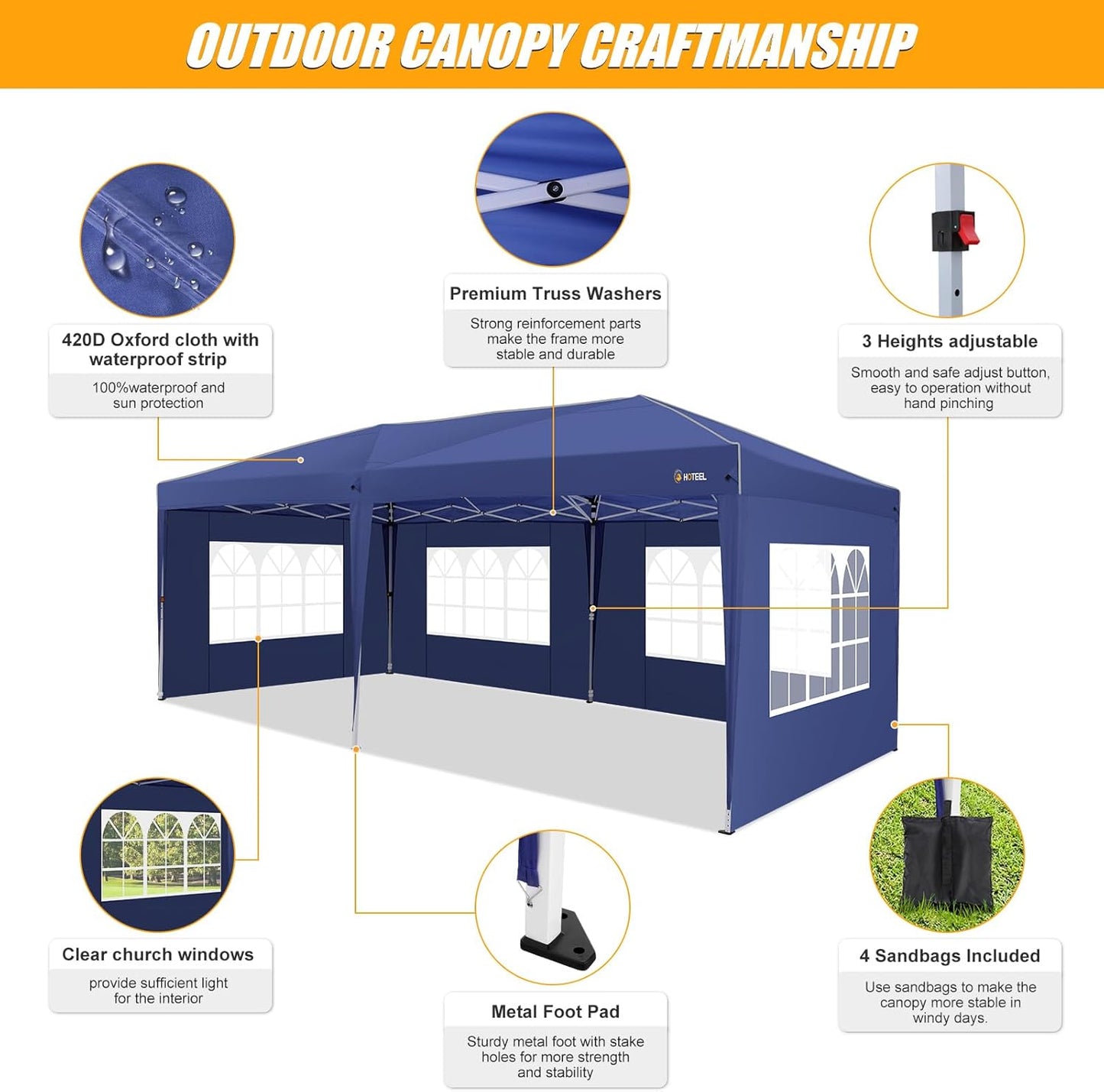 HOTEEL 10x20 Pop up Canopy with Sidewalls, One Push Outdoor Tents for Parties Waterproof Canopy Tent with Center Lock, Reinforce Rod,Easy Setup Event Tent with Sandbag for Backyard,Camping,Market,Navy