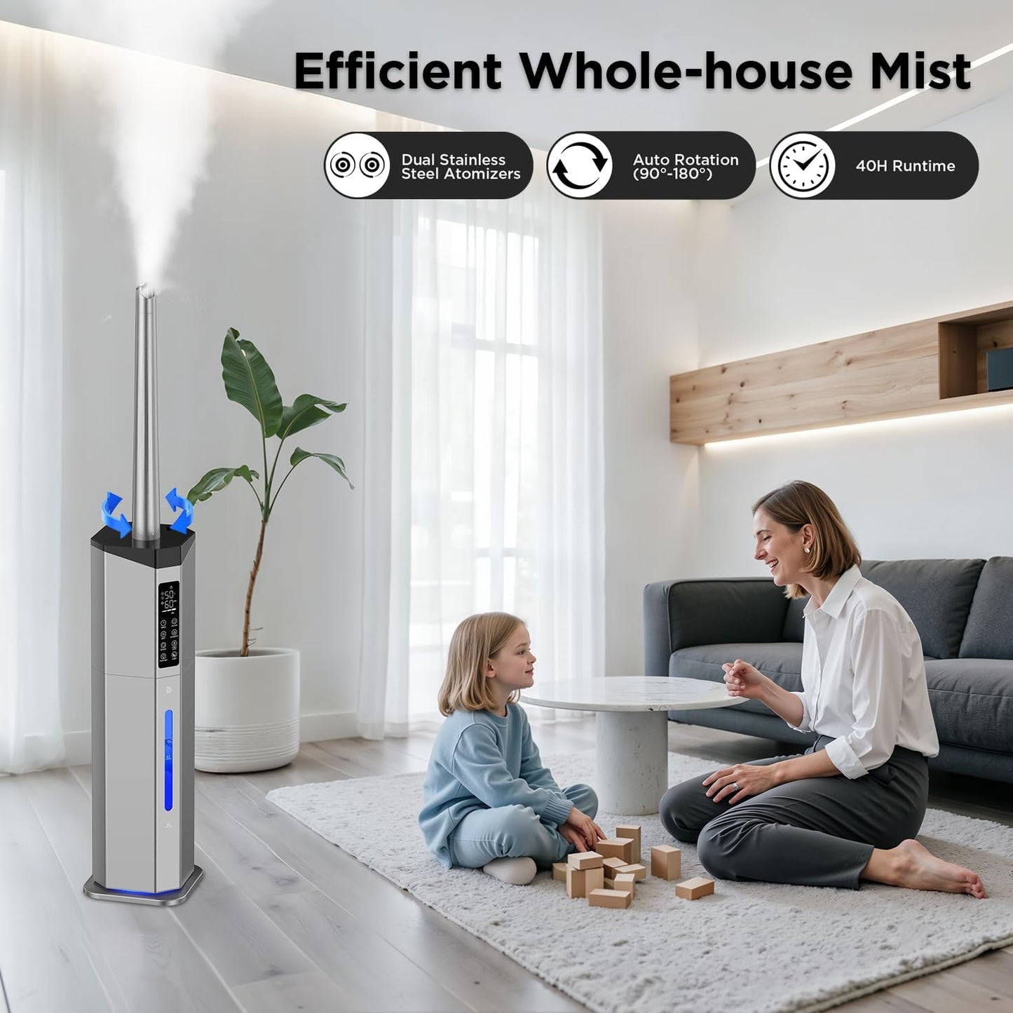Humidifiers for Bedroom - GloryAir 2.38Gal/9L Dual Atomizers Top Fill Humidifier for Large Room 2000ft² with Auto Rotation 7-Color Light Humidistat Quiet Commercial Humidifiers for House Plants Baby