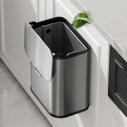 MRBIN Kitchen Stainless Steel Compost Bin with Lid Countertop, 6l / 1.6gal Small Indoor Hanging Trash Can for Cabinet Door, Small Under Sink Food Scraps Garbage Pail, Eclipse-Grey