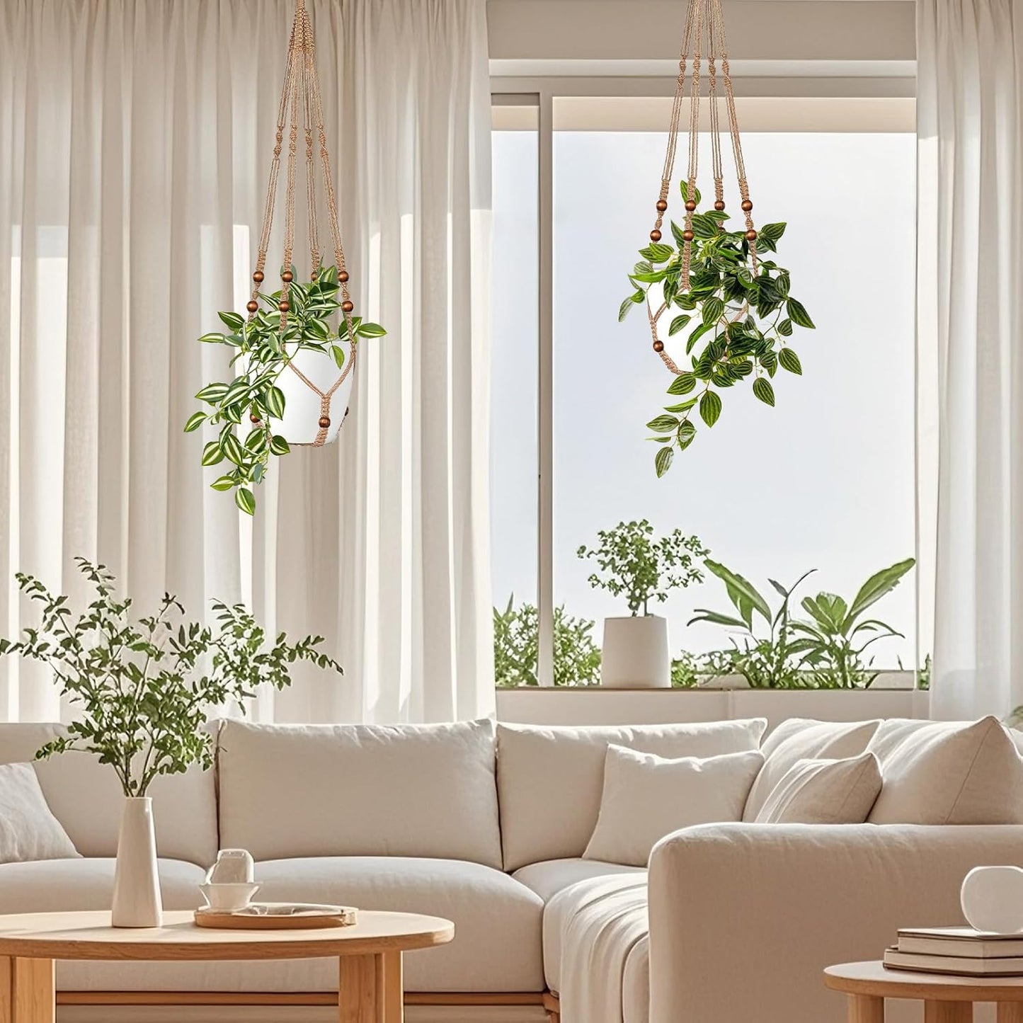 Jute Macrame Plant Hanger Indoor Set of 2 Hanging Planter Basket Flower Pot Holder with Decorative Wood Beads & No Tassels for Indoor Outdoor Boho Home Decor, 35 Inch Brown (Pots Not Included)