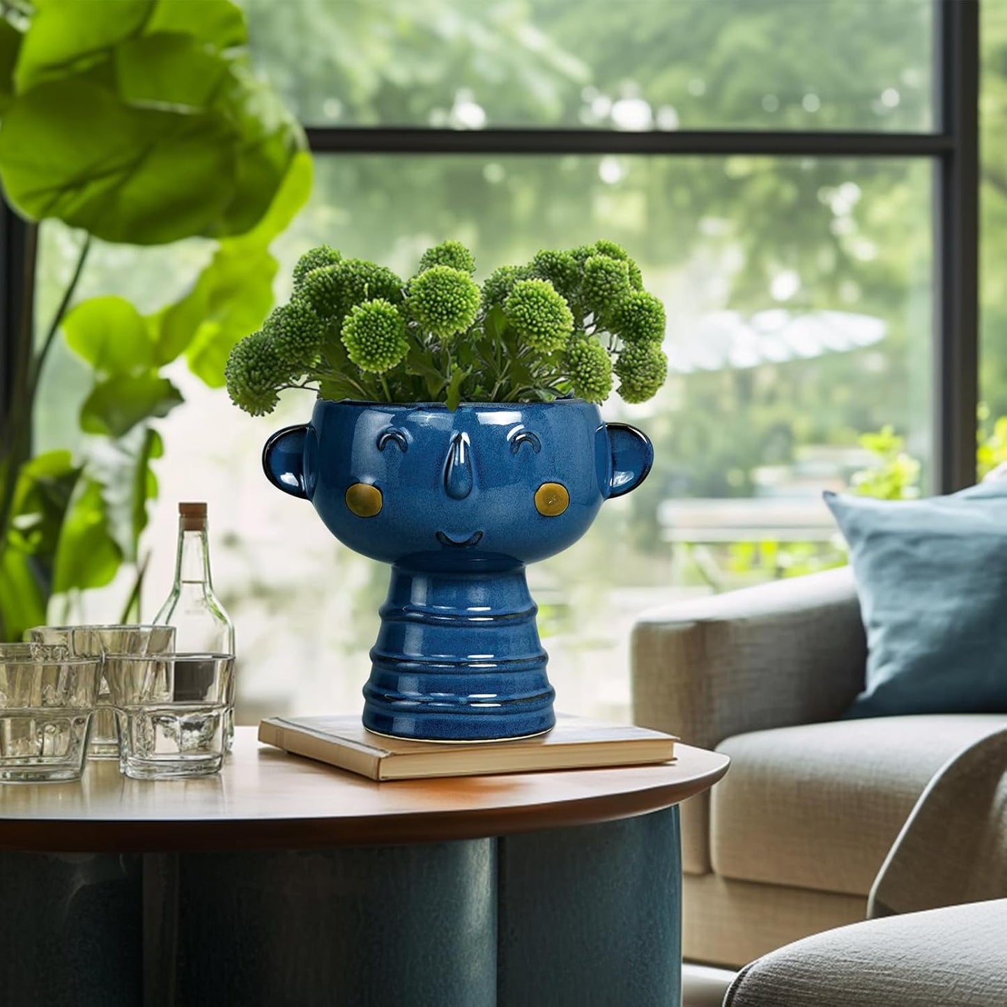Face Planter Pot Head 7 Inch - Cute Ceramic Head Planter for Indoor Outdoor Plants Unique Flower Pot with Drainage Hole Gift Ideas for Christmas Blue