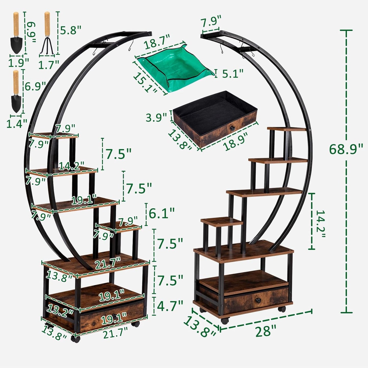 71” Tall 2 PCS Half Moon Indoor Plant Stand with Lockable Wheels, 14-Tier Plant Shelf with Drawer & Accessories, Plant Holder Display Rack for Multi-plants, Plant Rack for Balcony Living Room