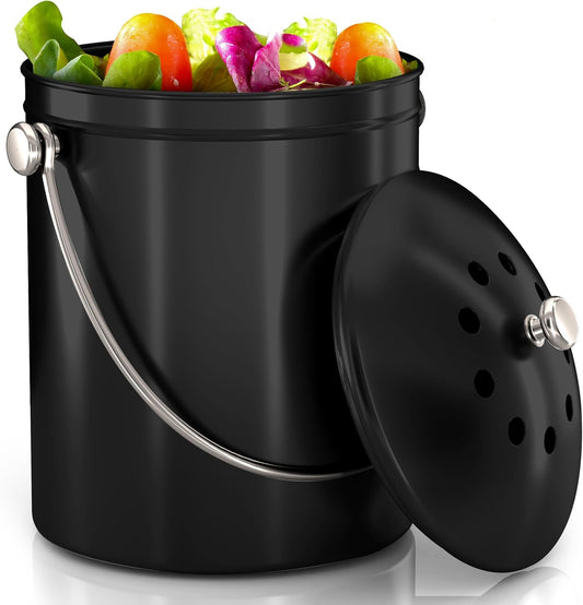 Utopia Kitchen Compost Bin for Kitchen Countertop, 1 Gallon Compost Bucket for Kitchen with Lid, Includes 1 Spare Charcoal Filter (Black)