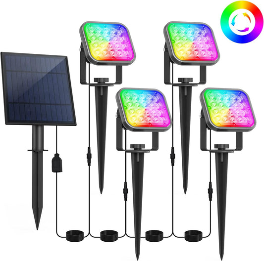 T-SUN Solar Spotlights Outdoor, 4 in 1 Color Changing Landscape Spot Lights Auto ON/Off RGB Garden Pond Lights for Yard, Pathway, Driveway, Pool Area