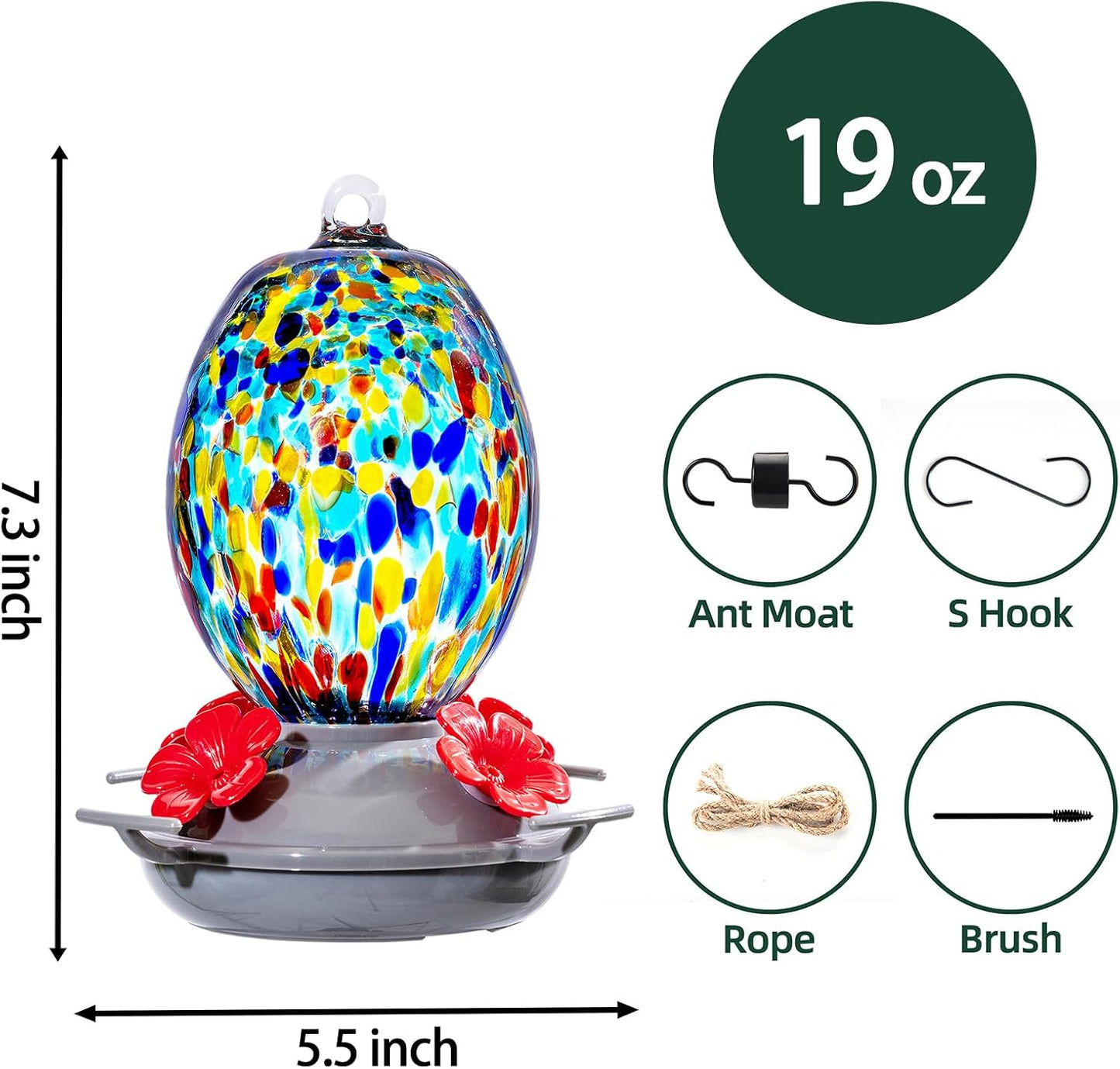 Muse Garden Hand Blown Glass Hummingbird Feeder - 19OZ Plastic Base Humming Bird Feeders for Outdoors Hanging, Garden Decor Gifts for Bird Lovers, Blue Polka Dots