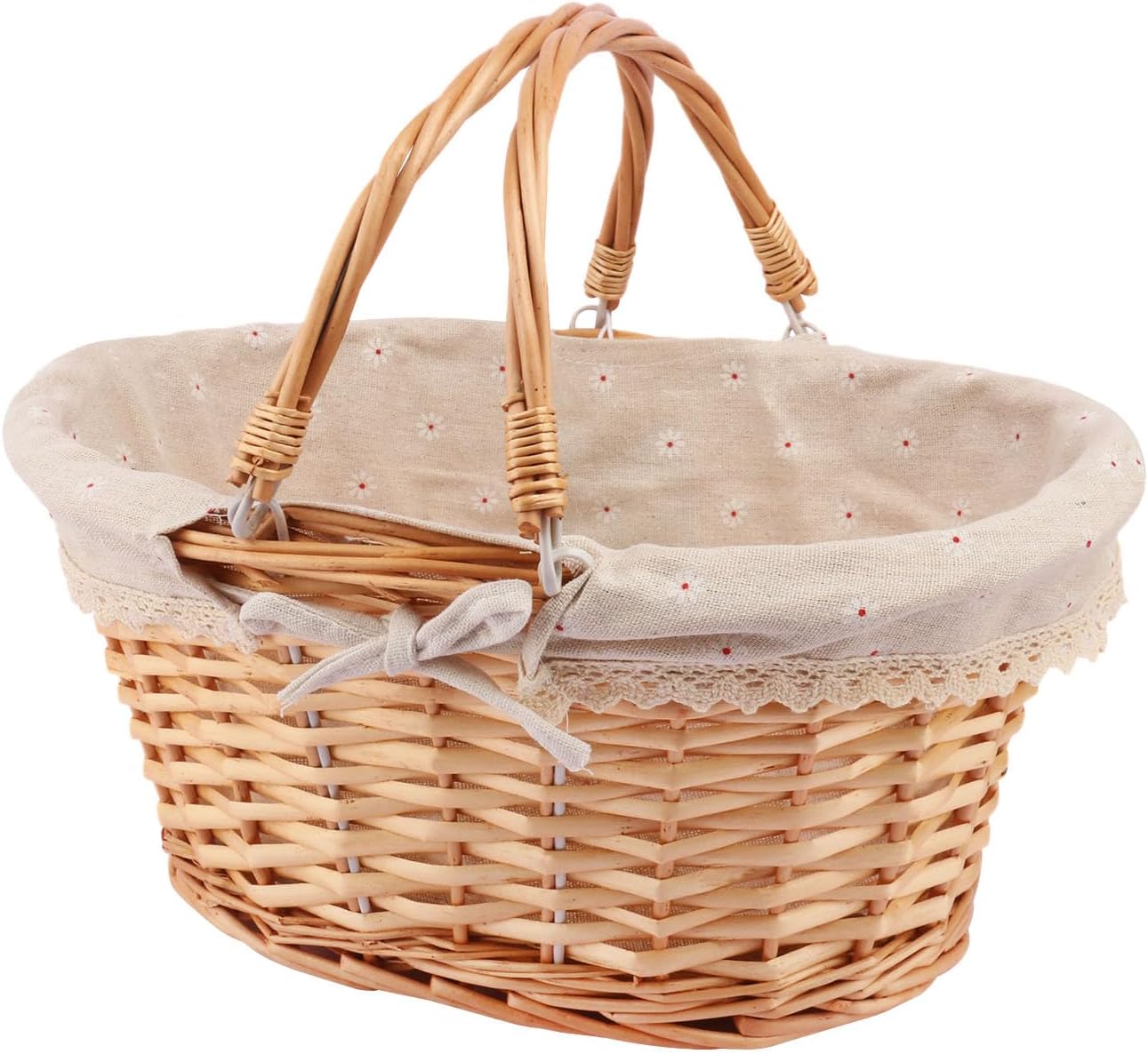 Natural Wicker Basket with Linen Lining, 14 Inch Large Wicker Woven Picnic Basket with Handle for Picnic, Camping, Outdoor Party