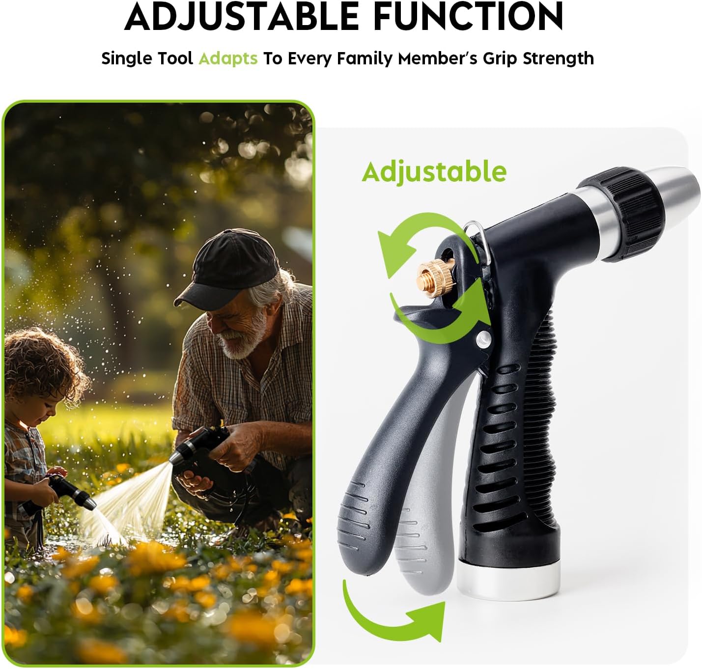 Grip Strength Adjustable Handheld Hose Nozzle, Adjustable Water Nozzle Spray with High Pressure for Watering Plants and Lawn, Car Washing, Patio and Pet Washing.