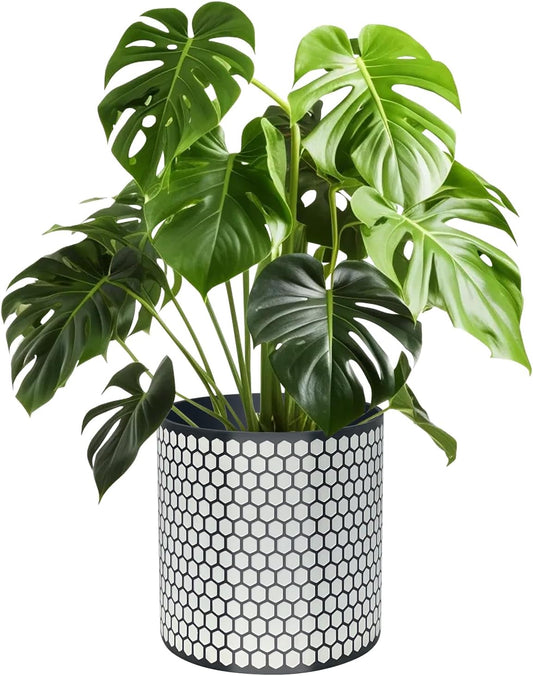 12 Inch Flower Pot Without Bracket with Drainage Holes Suitable for Indoor and Outdoor Decorative Planting (Black White Hexagon, 12 Inches)