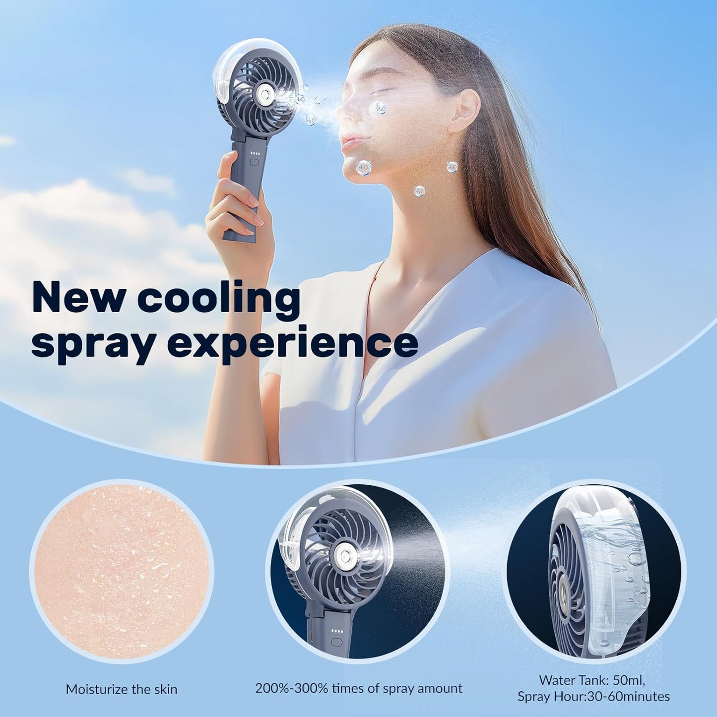 HandFan 4000mAh Upgraded Handheld Misting Fan, 50ml Water Tank, Rechargeable Personal Mister Fan Portable AC, Spray Water Mist Fans, Foldable Cooling Ice Fans for Beach Travel Disney(Royal Blue)
