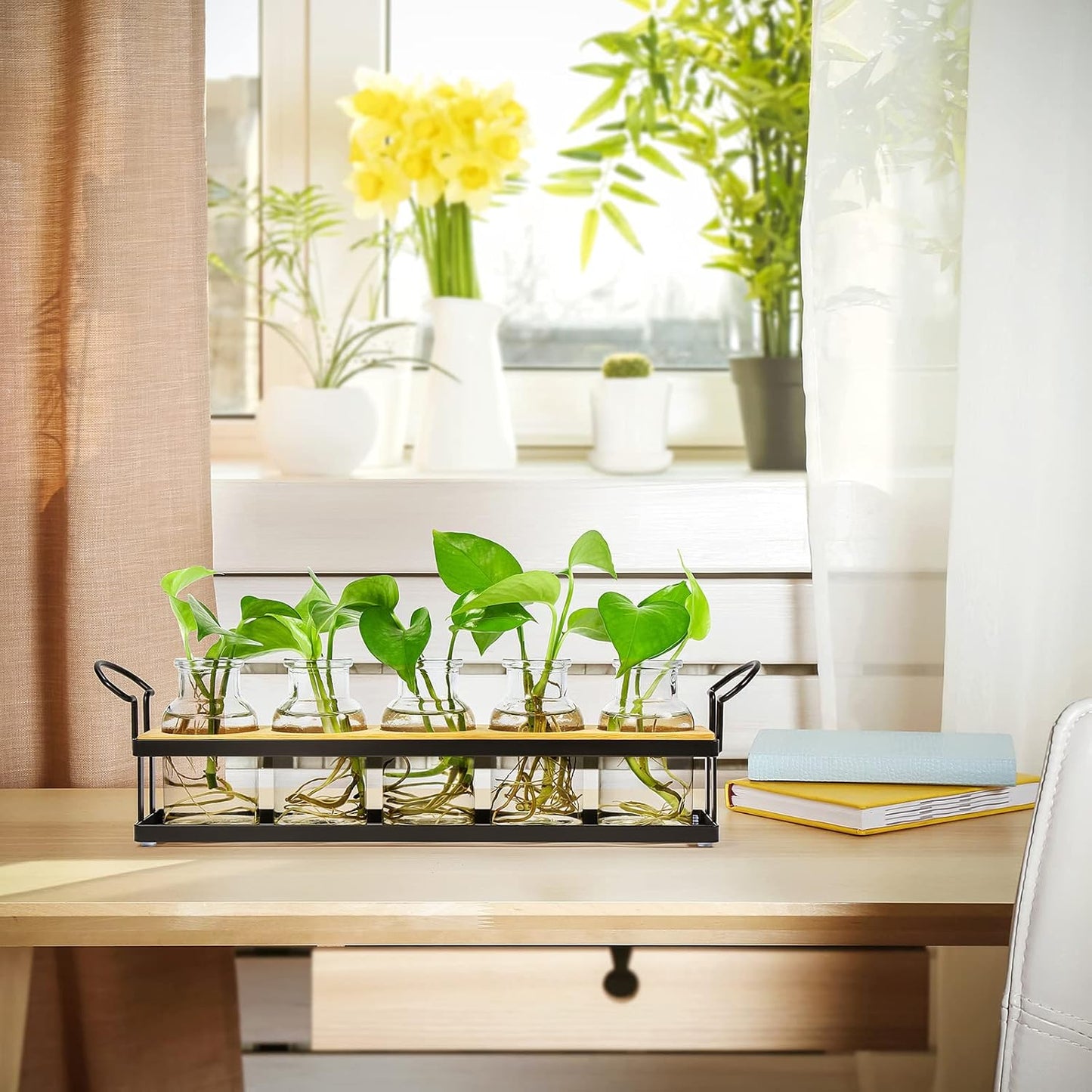 THYGIFTREE Plant Propagation Stations with Metal Stand, Tabletop Plant Terrarium for Propagating Hydroponic, Retro Glass Planter Flower Vase Home Kitchen Office Decor, Plant Lover Gifts, 5 Jars