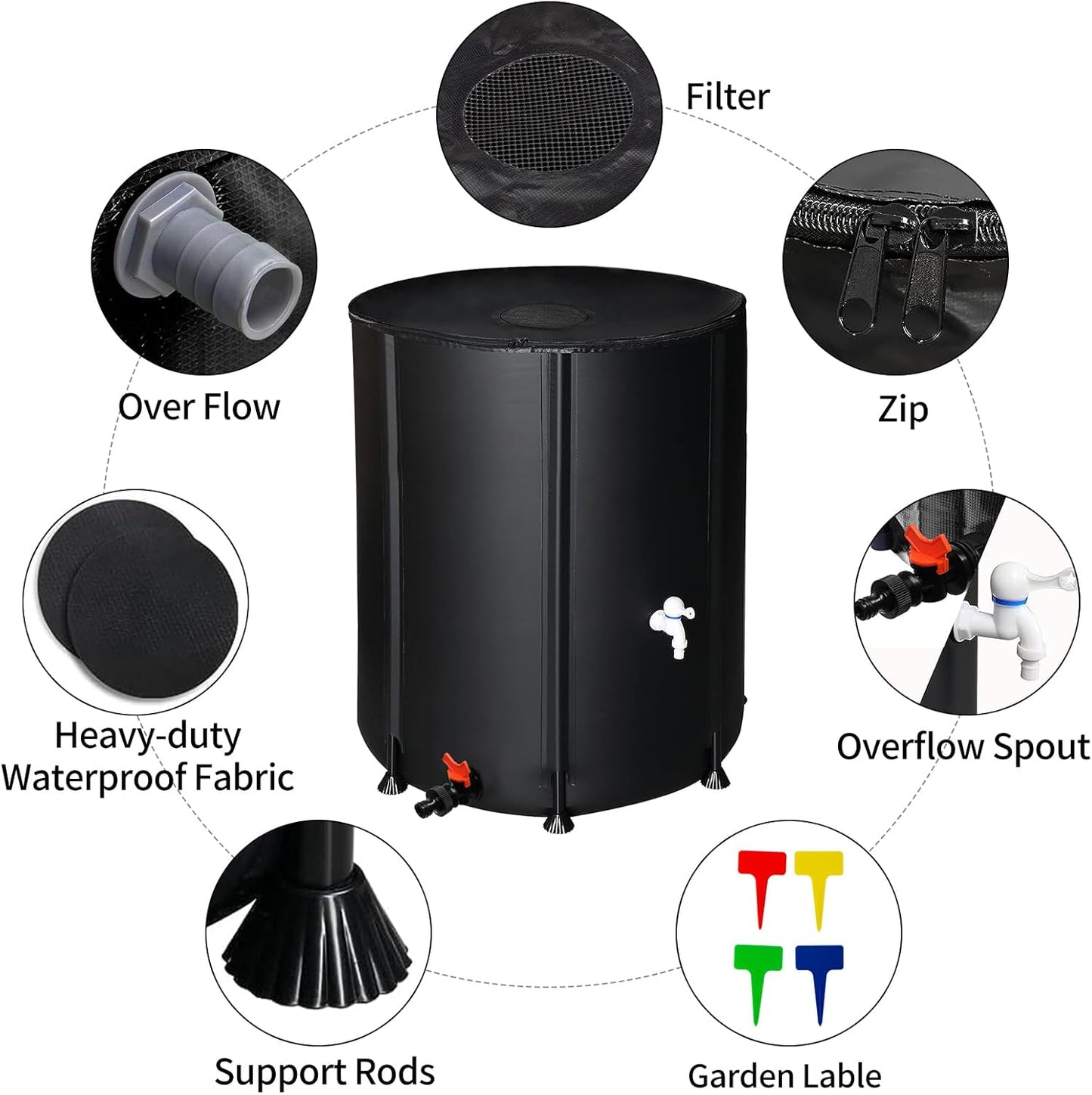 132 Gallon Collapsible Rain Barrel, Portable Rainwater Collection System, Rain Catcher Barrel, Water Storage Tank with Two Spigots and Overflow Kit, Rain Water Barrel Collector for Garden, Black